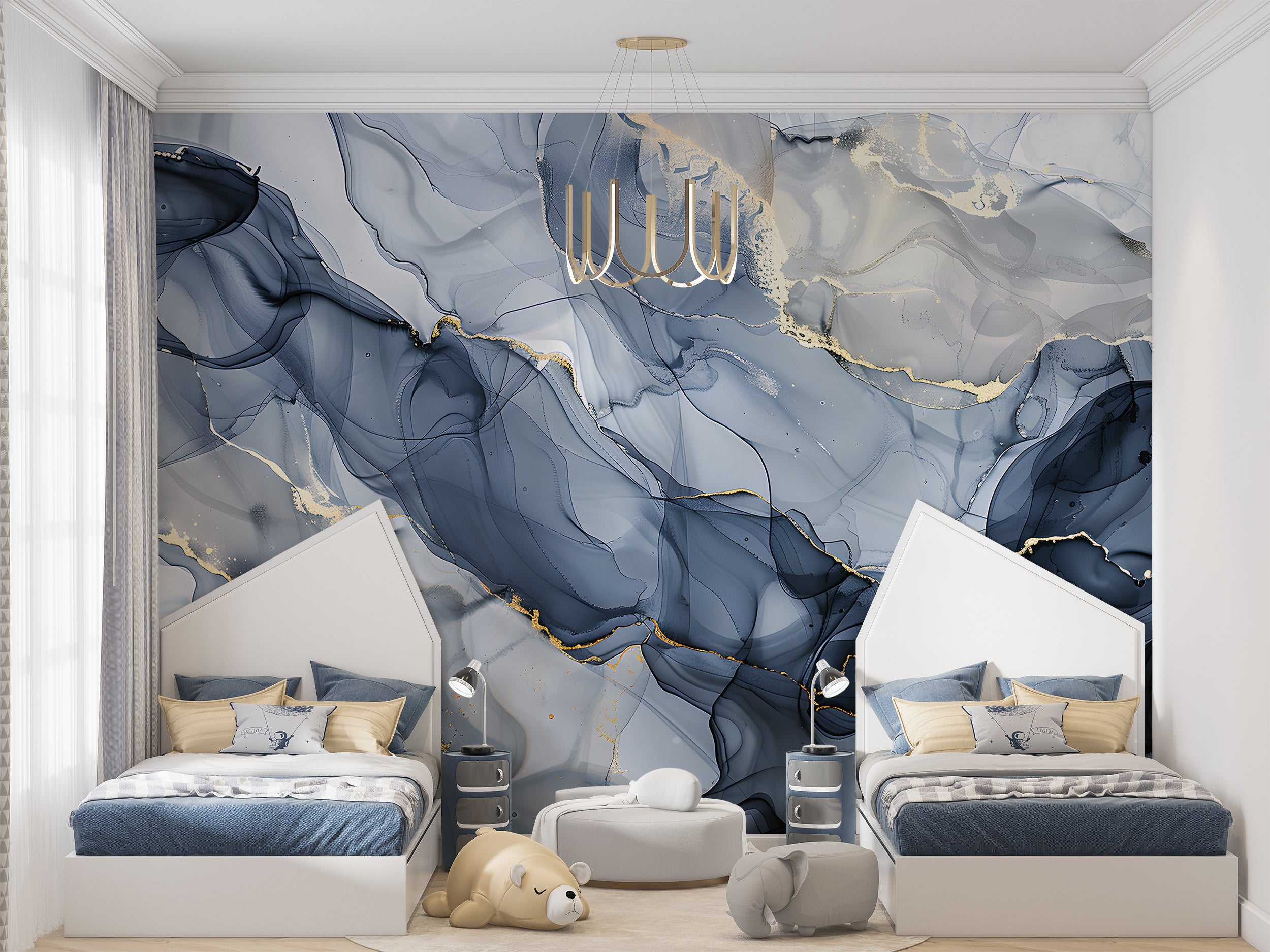 Blue and Gold Alcohol Ink Mural, Marble Wallpaper, Peel and Sick Abstract Watetrcolor, Removable Wallpaper, Modern Luxury Wall Mural