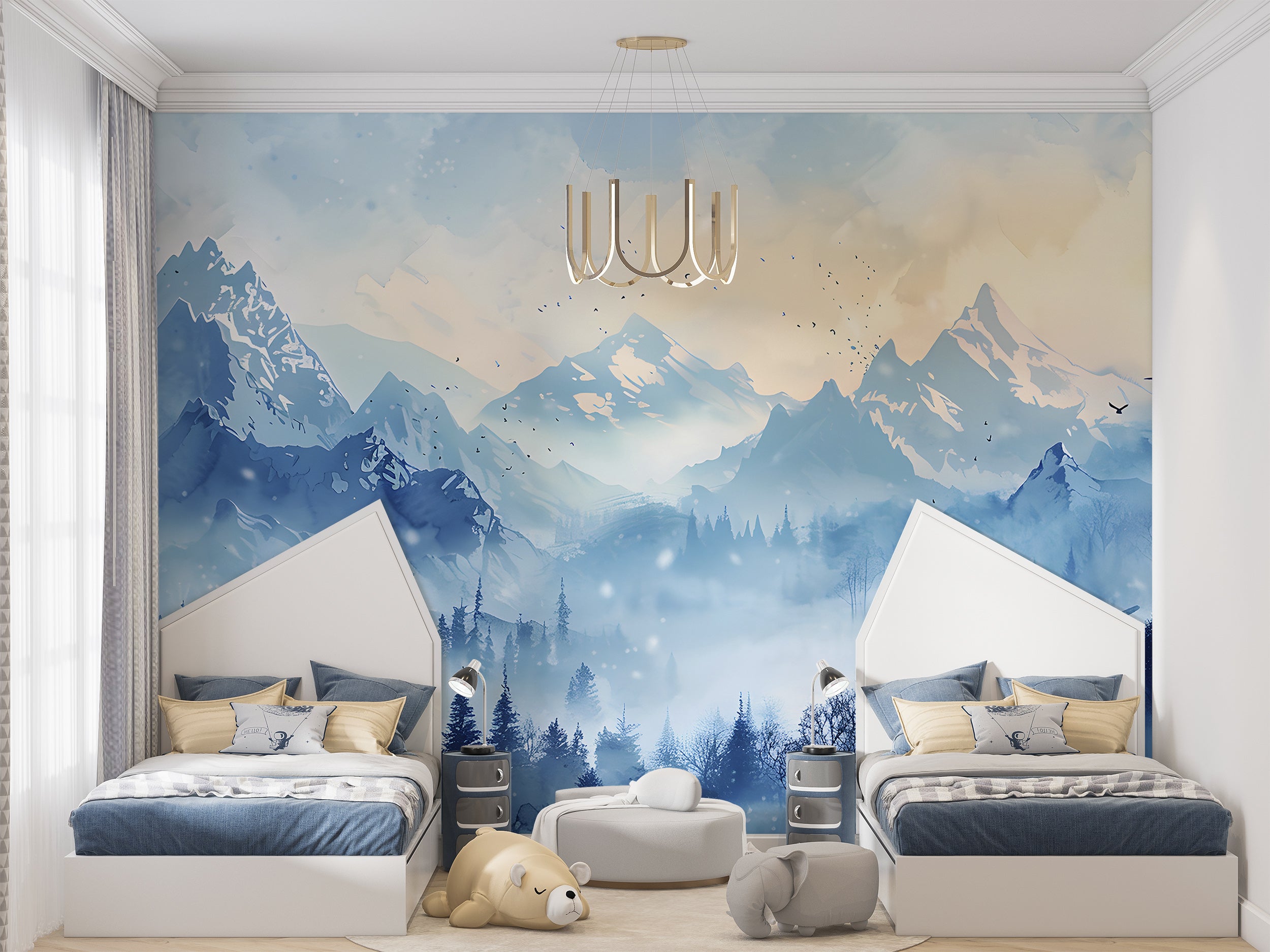 Winter Mountains Mural, Watercolor Blue Mountain and Forest Landscape, Peel and Stick Foggy Nature Wallpaper, Nursery Removable Misty Decal