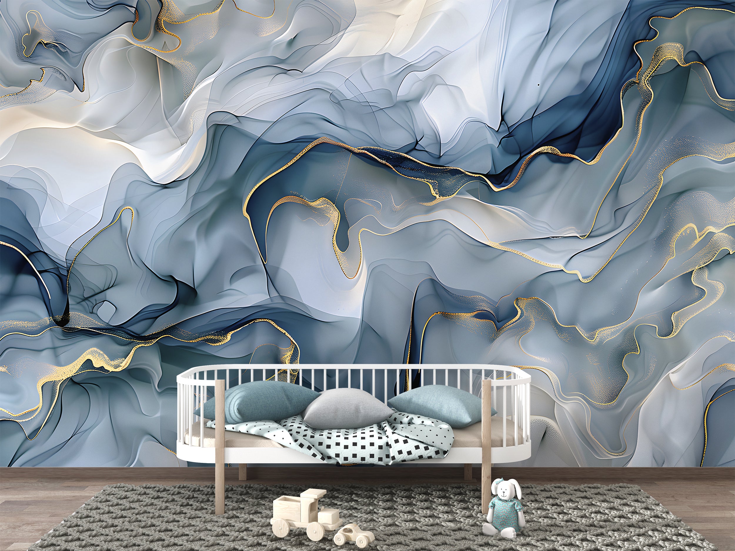 Alcohol Ink Blue Mural, Peel and Stick Abstract Decor, Blue and White Modern Wallpaper, Removable Marble Texture, Unique Watercolor Art