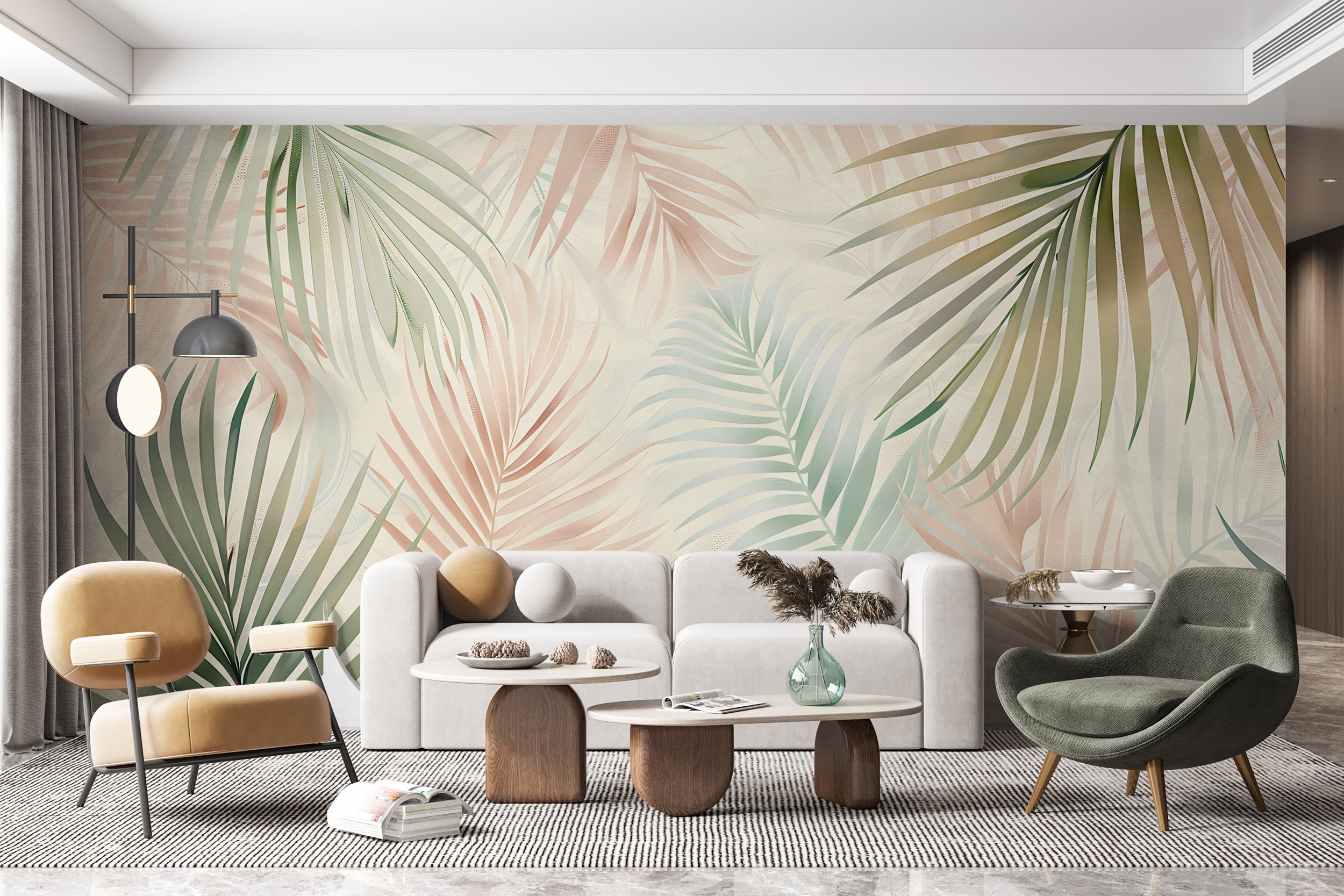 Colorful Palm Leaf Mural, Pastel Colors Tropical Wallpaper, Peel and Stick Nursery Botanical Wall Decal, Custom Size Removable Wall Decor