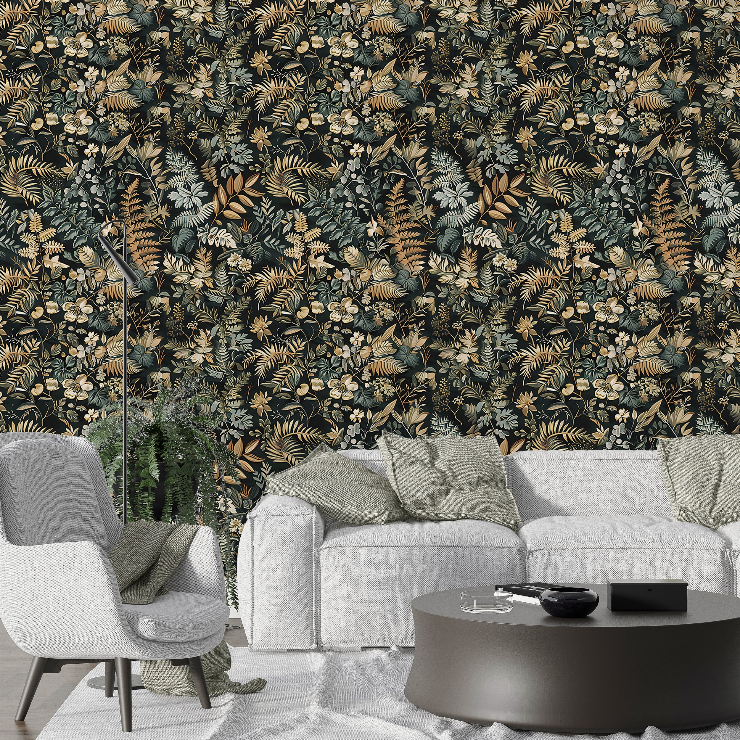 Dark Floral Wallpaper, Peel and Stick Fern Pattern Decal, Wild Flowers and Leaves Wall Decor, Removable Dark Botanical Forest Flower Wallpaper