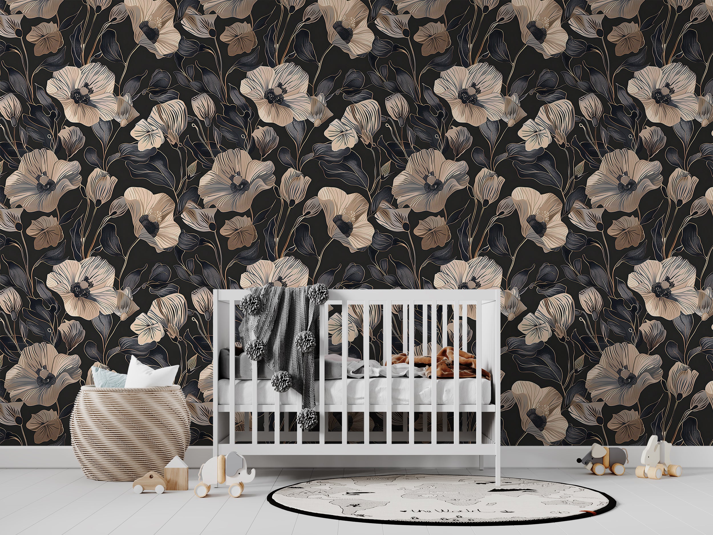 Dusty Rose and Dark Grey Floral Wallpaper, Peel and Stick Poppy Flowers Wall Decal, Removable Dark Botanical Decor, Pink & Black Flowers