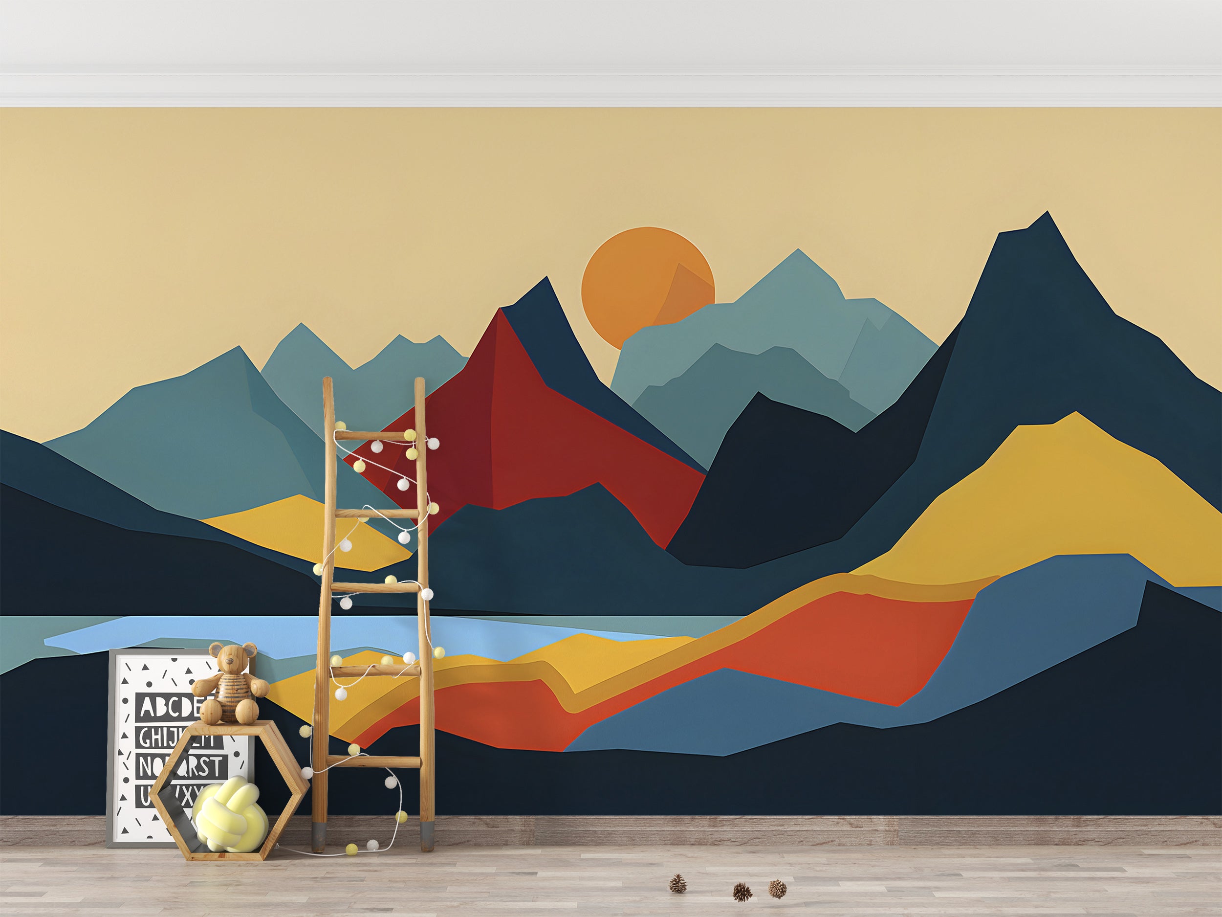 Colorful Cartoon Style Mountains Mural, Simple and Minimalistic Landscape Wallpaper, Peel and Stick Nursery Kids Room Abstract Nature Art Decal