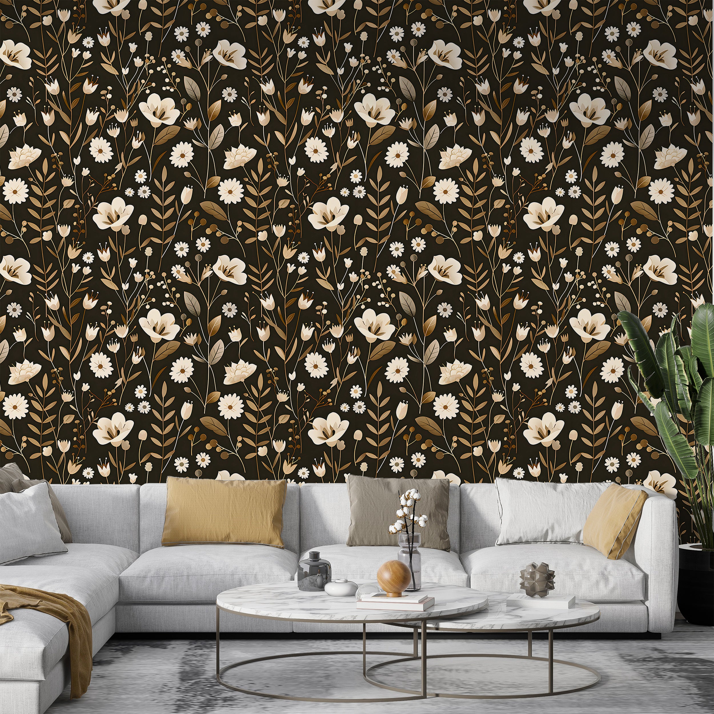 Dark Meadow Floral Wallpaper, White and Brown Botanical Decal, Wild Flowers Wallpaper, Peel and Stick Removable Vintage Flower Decal