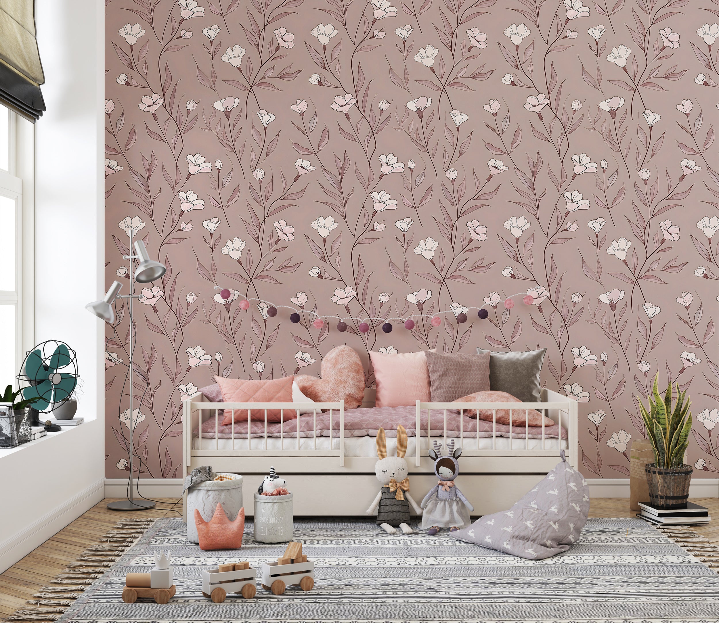 Minimalistic Dusty Rose Floral Wallpaper, Self-adhesive Meadow Flowers Wallpaper, Removable Pastel Pink and White Botanical Wall Decor