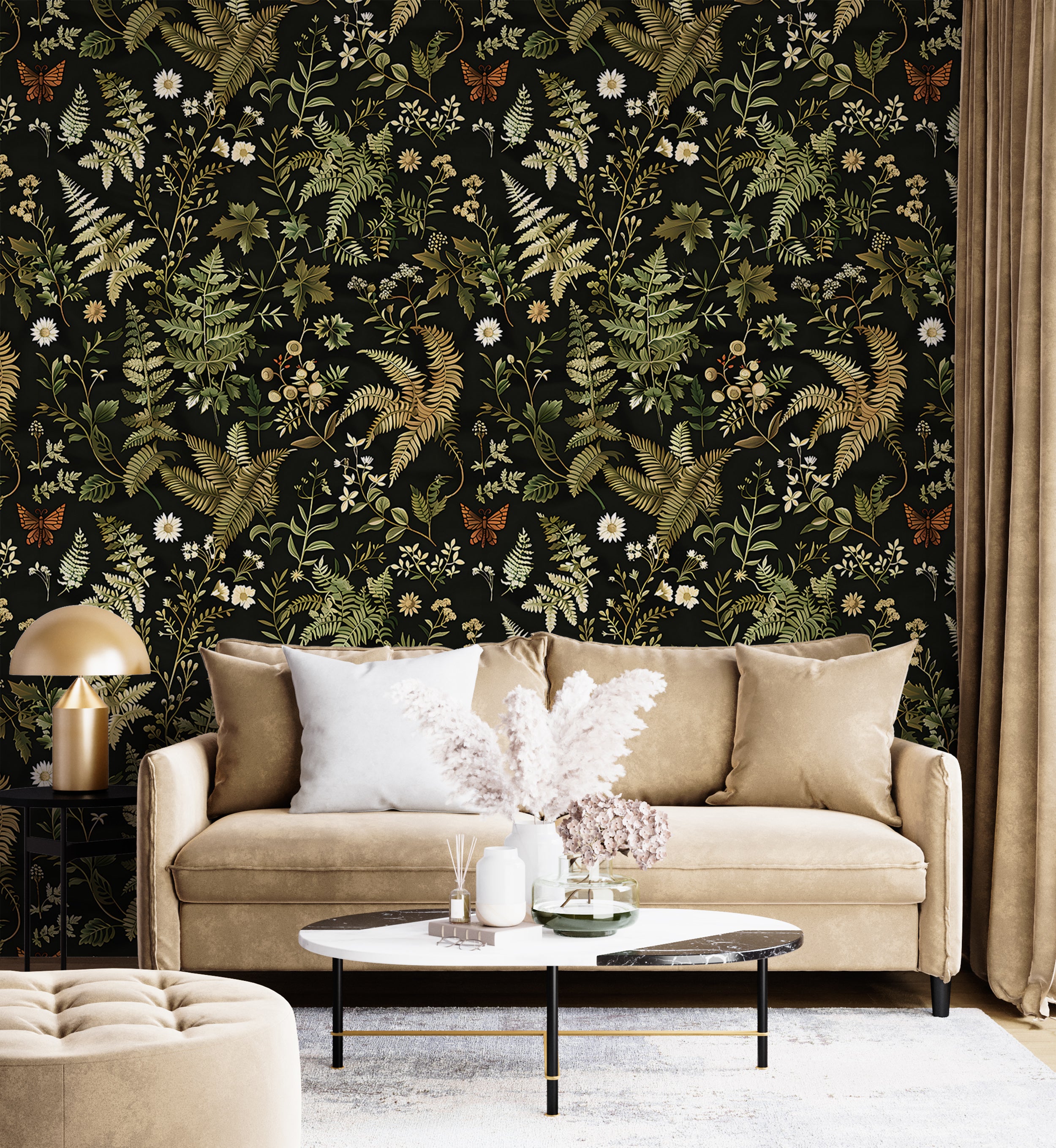 Dark Fern Botanical Pattern Wallpaper, Floral Leaves from Wild Forest Decal, Peel and Stick Removable Greenery Decor, PVC-free Black and Green