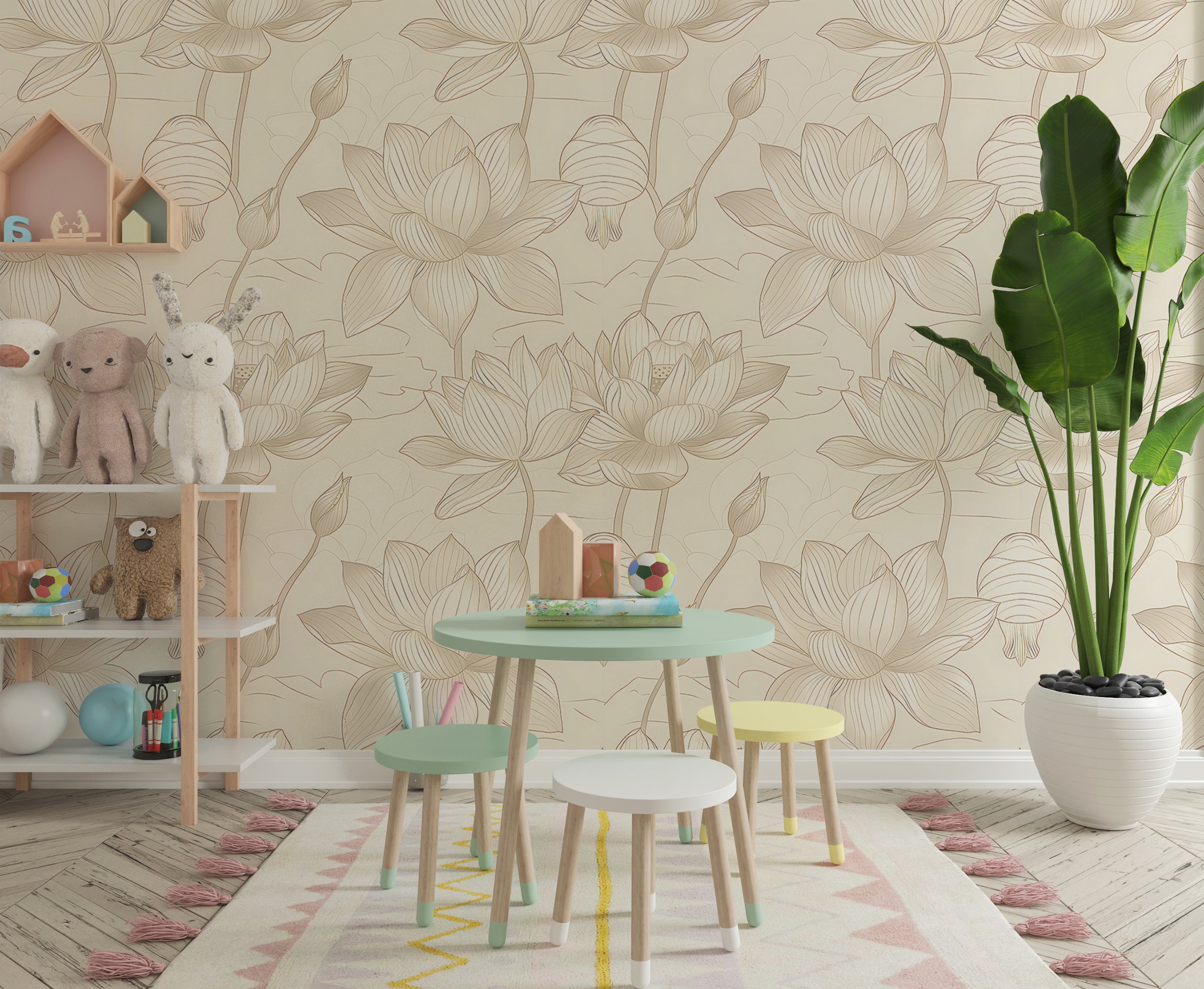 Beige Minimalistic Lotus Wallpaper, Peel and Stick Floral Wall Decal, Light Beige Lotus Pattern Wallpaper, Removable Botanical PVC-free Decor