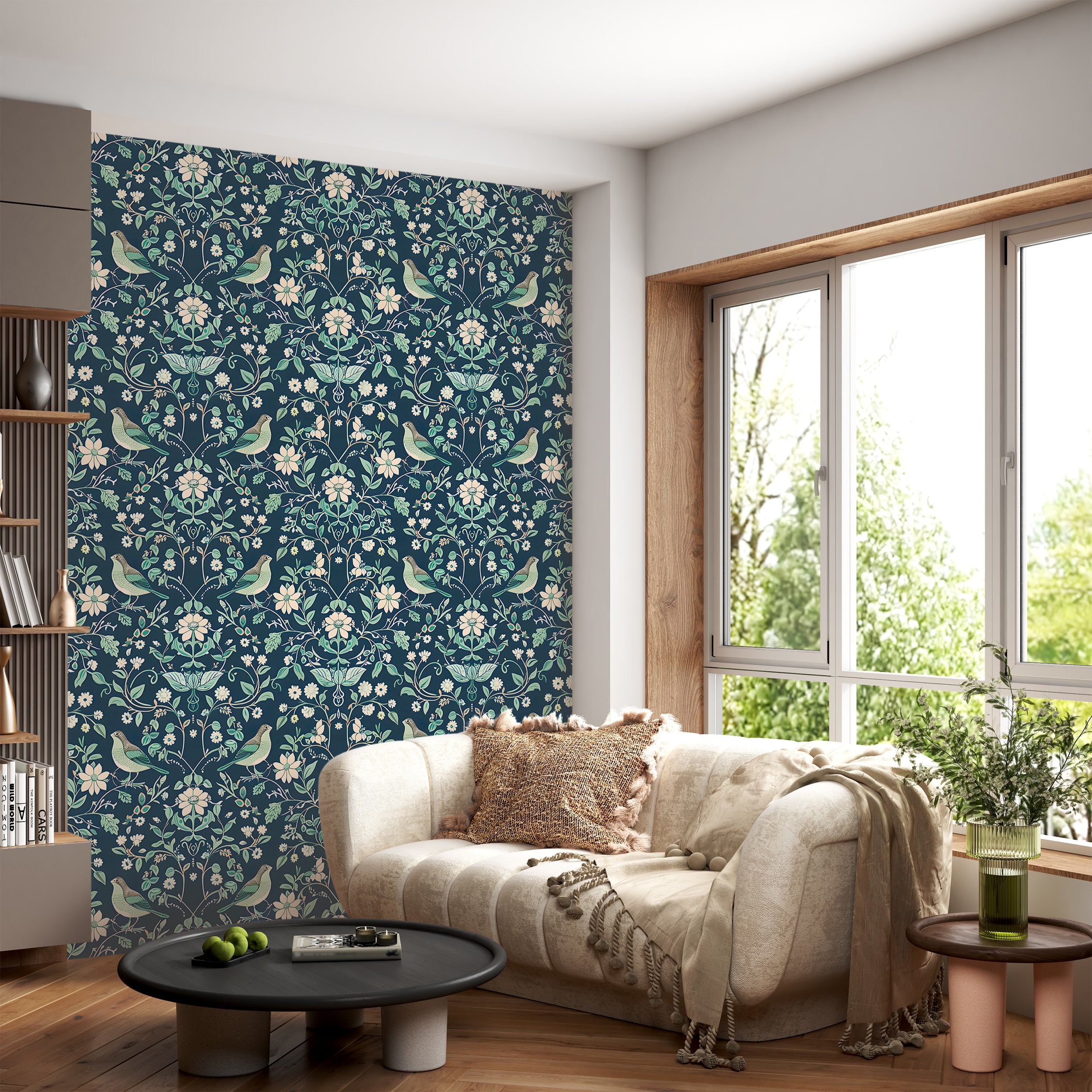 Mint and Navy Blue Chinoiserie Wallpaper, Peel and Stick Floral Wall Decal, Birds Flowers and Leaves Pattern Removable Wallpaper, Vintage Wall Art