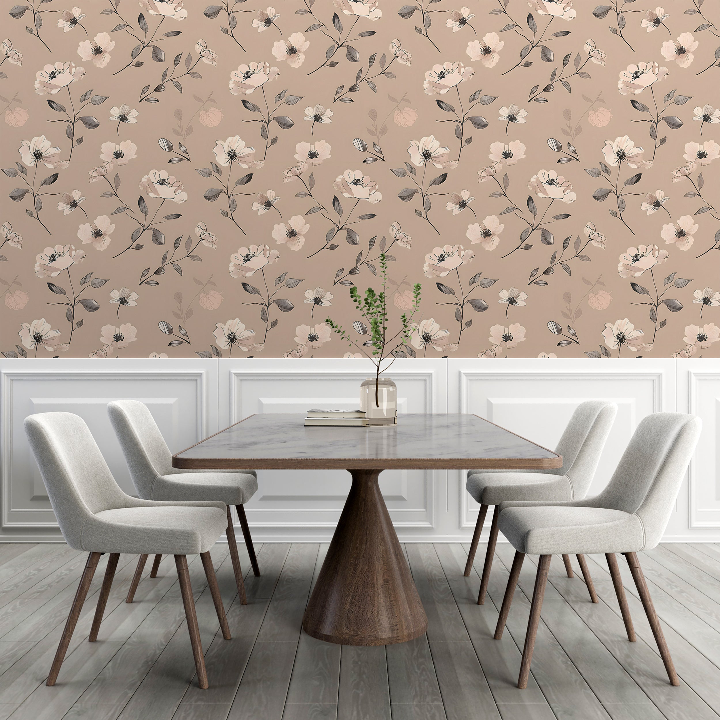 Watercolor Soft Pink Floral Wallpaper, Self-adhesive Dusty Rose Botanical Wall Decal, Meadow Flowers Removable Pastel Colors Wall Decor