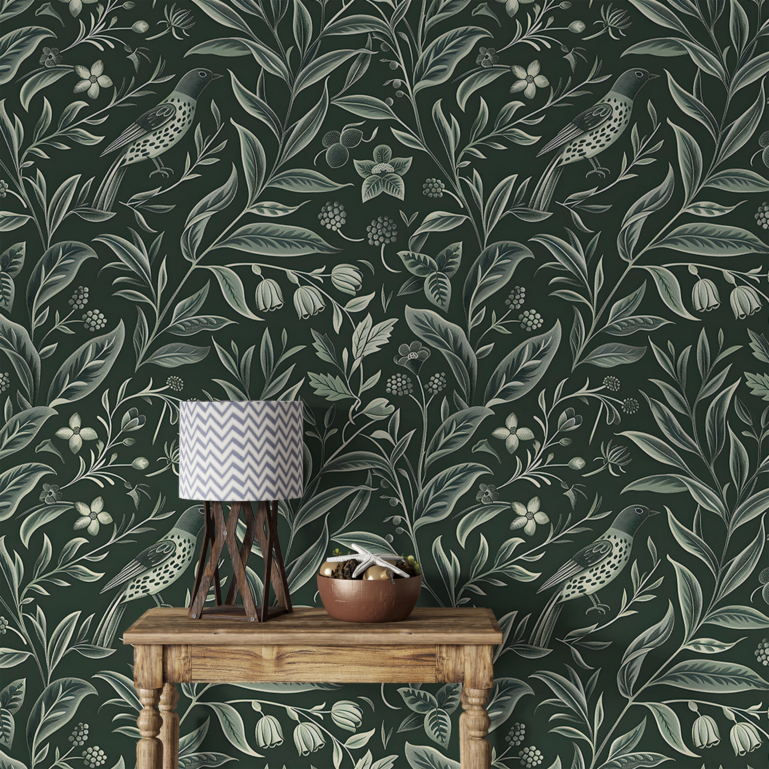 Vintage Green Floral Wallpaper, Dark Green Botanical Classic Wall Decal, Peel and Stick Chinoiserie Wallpaper, Removable Bird and Leaves Pattern