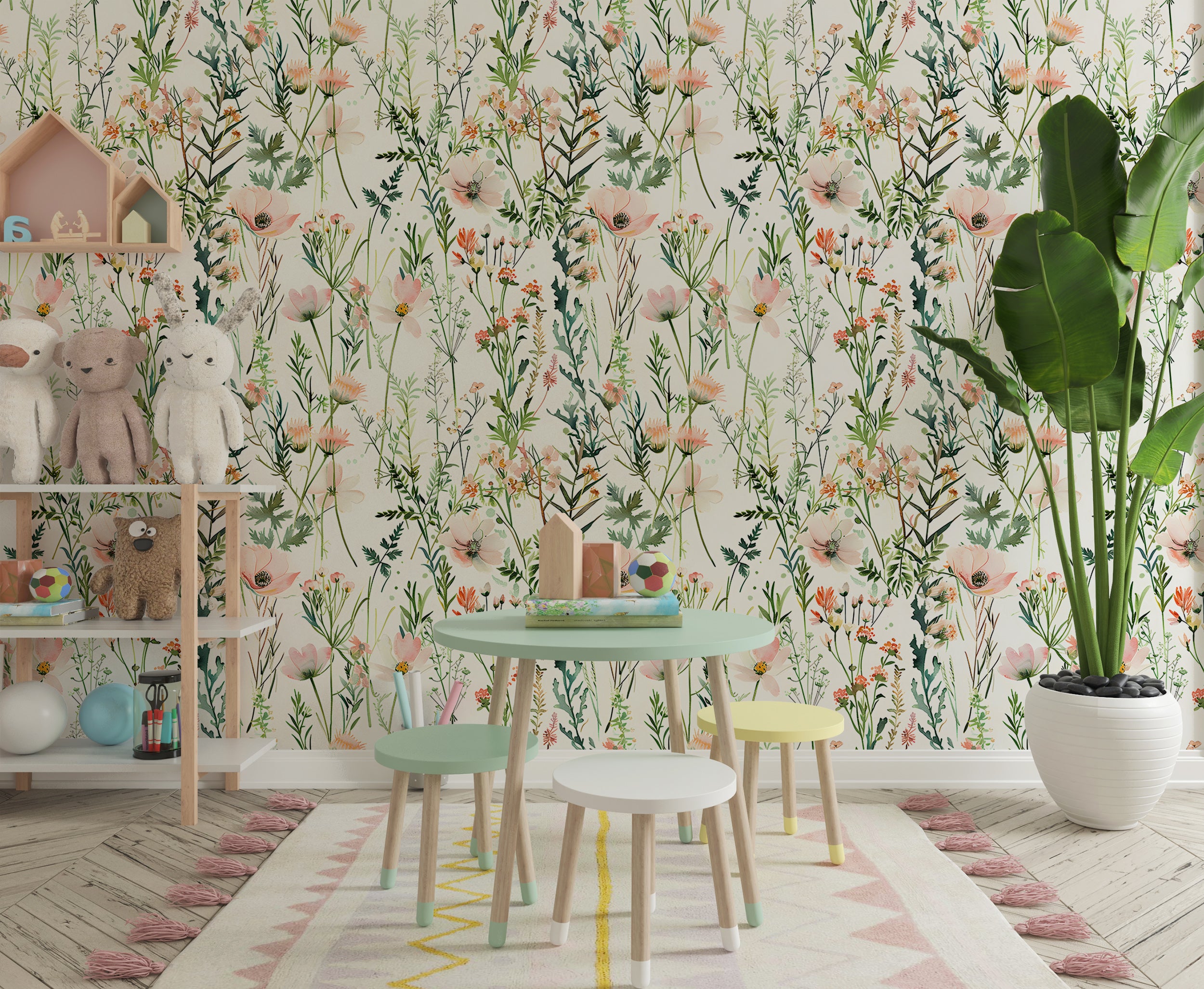 Wild Floral Wallpaper, Pastel Pink and Green Botanical Pattern, Watercolor Meadow Flowers Decal, Peel and Stick Minimalistic Light Floral Decor