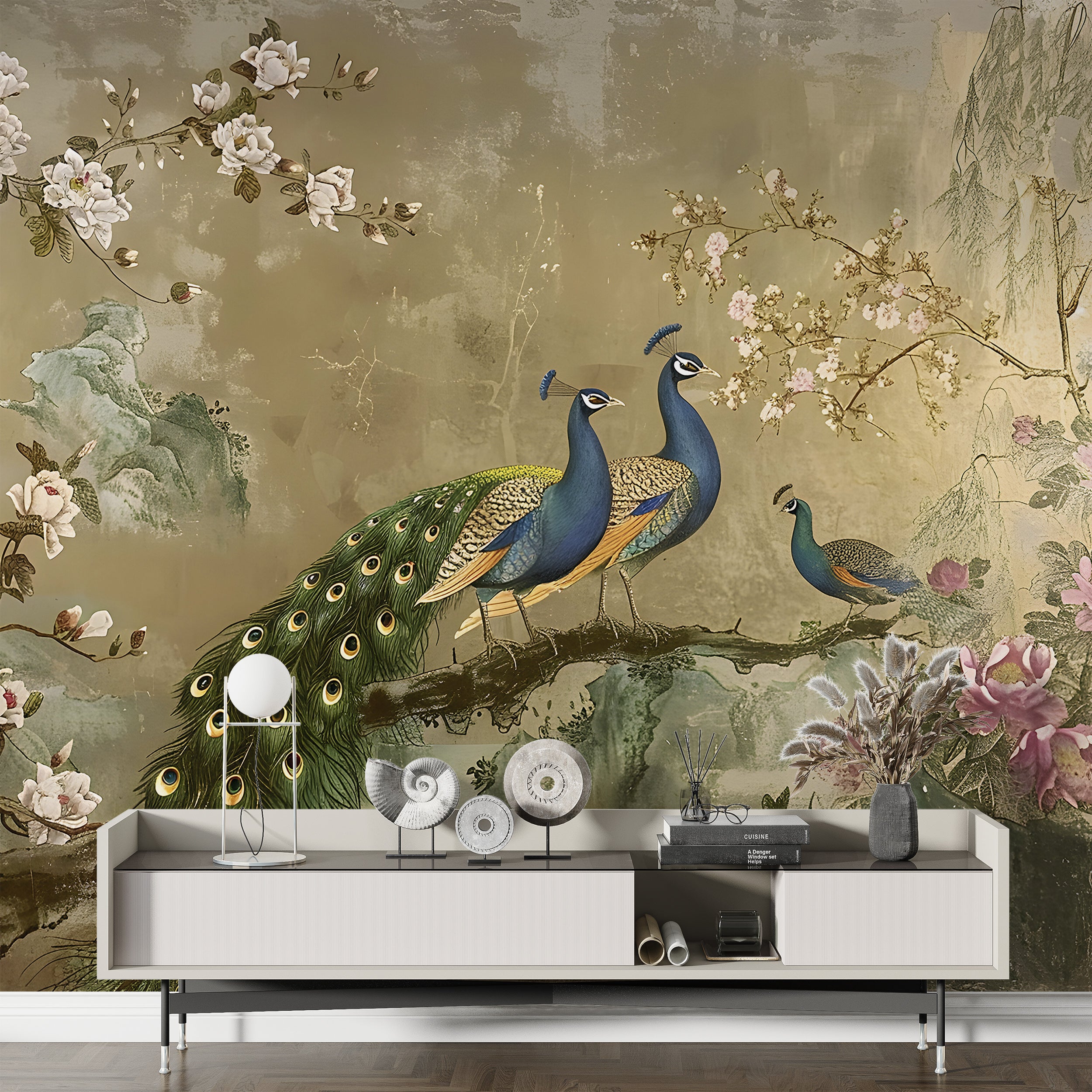 Chinoiserie Wallpaper, Colorful Peacock Wall Mural, Removable Vintage Golden Floral Wallpaper, Peel and Stick Classic Mural With Flowers and Birds