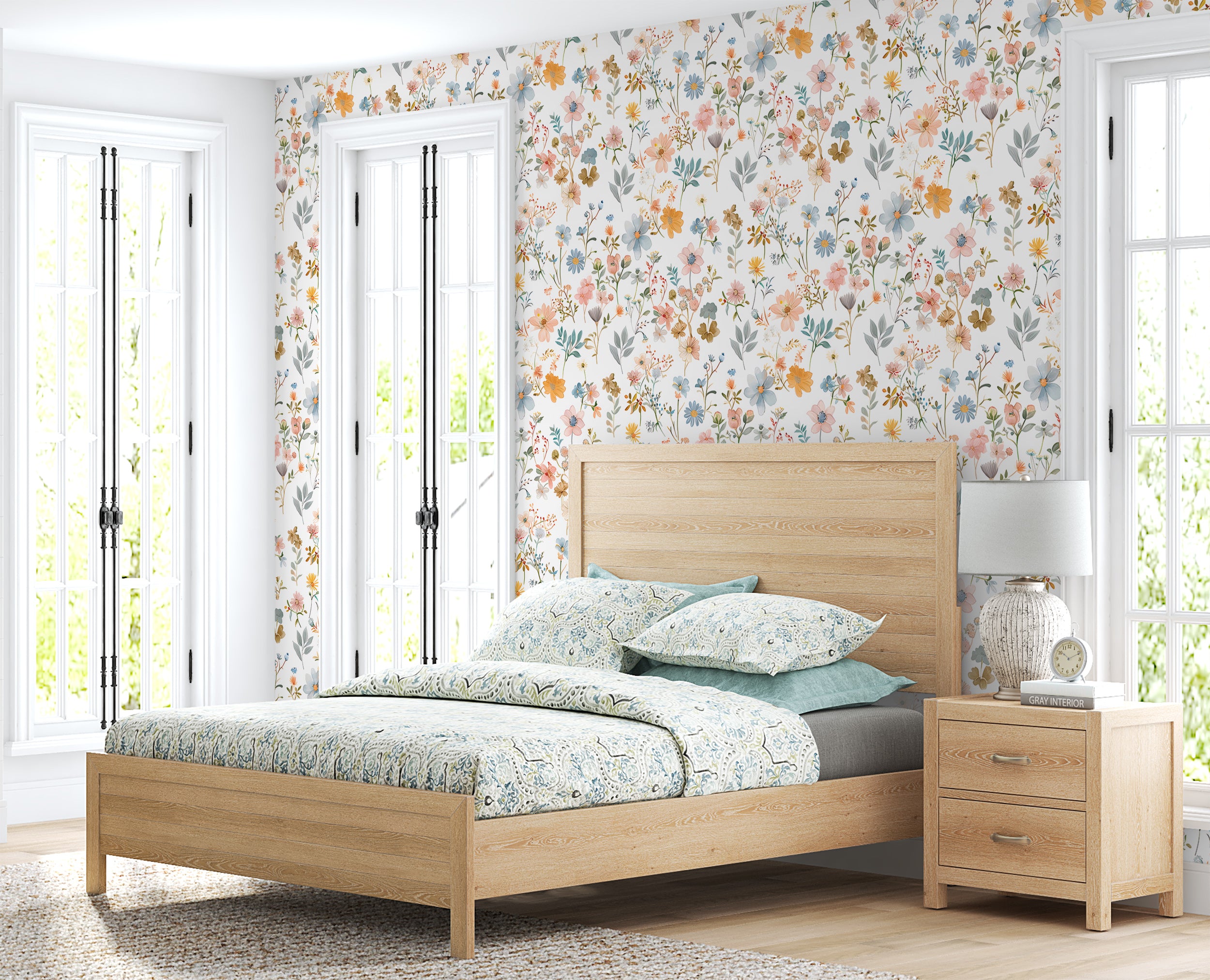 Soft Multi Color Floral Wallpaper, Pastel Meadow Flowers Wall Decal, Peel and Stick Light Botanical Wallpaper, Removable Field Wild Flower Pattern