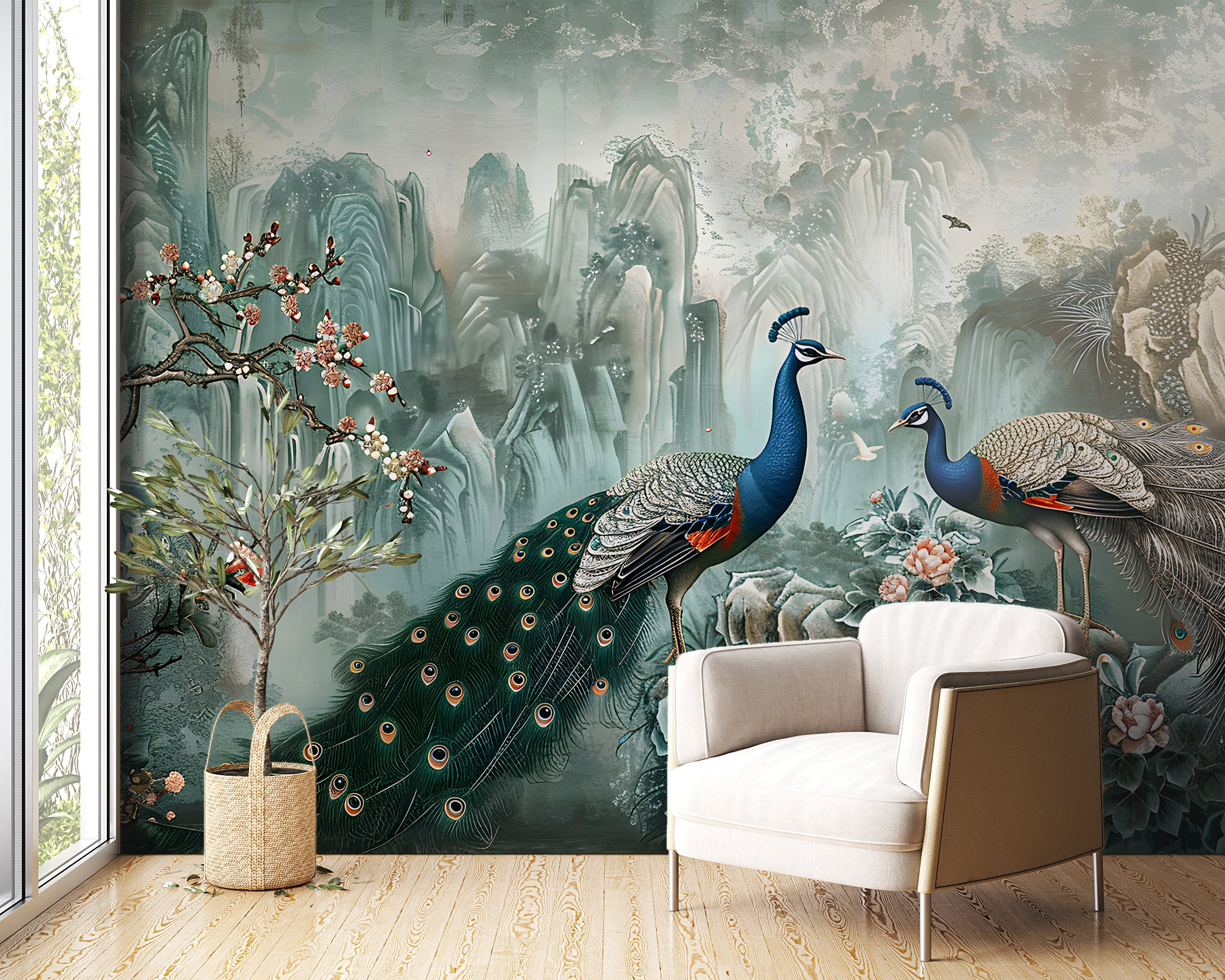 Green Chinoiserie Wallpaper, Peacock Wall Mural, Peel and Stick Abstract Chinese Art, Removable Vintage Decor with Birds and Flowers