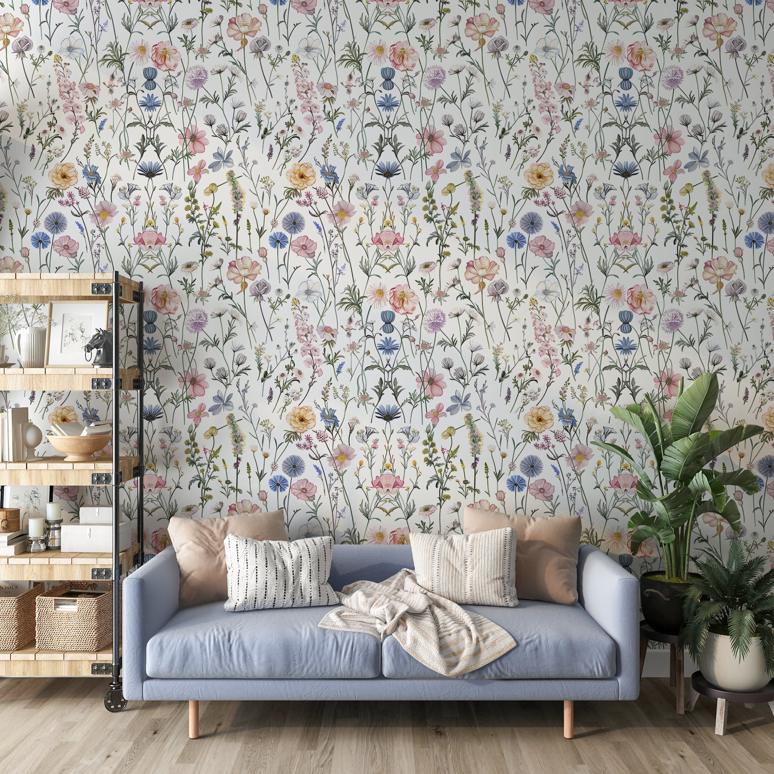 Delicate Flowers in Pastel Colors Wallpaper, Peel and Stick Light Floral Wall Decal, Wild Meadow Flower Pattern Wallpaper, Removable PVC-free