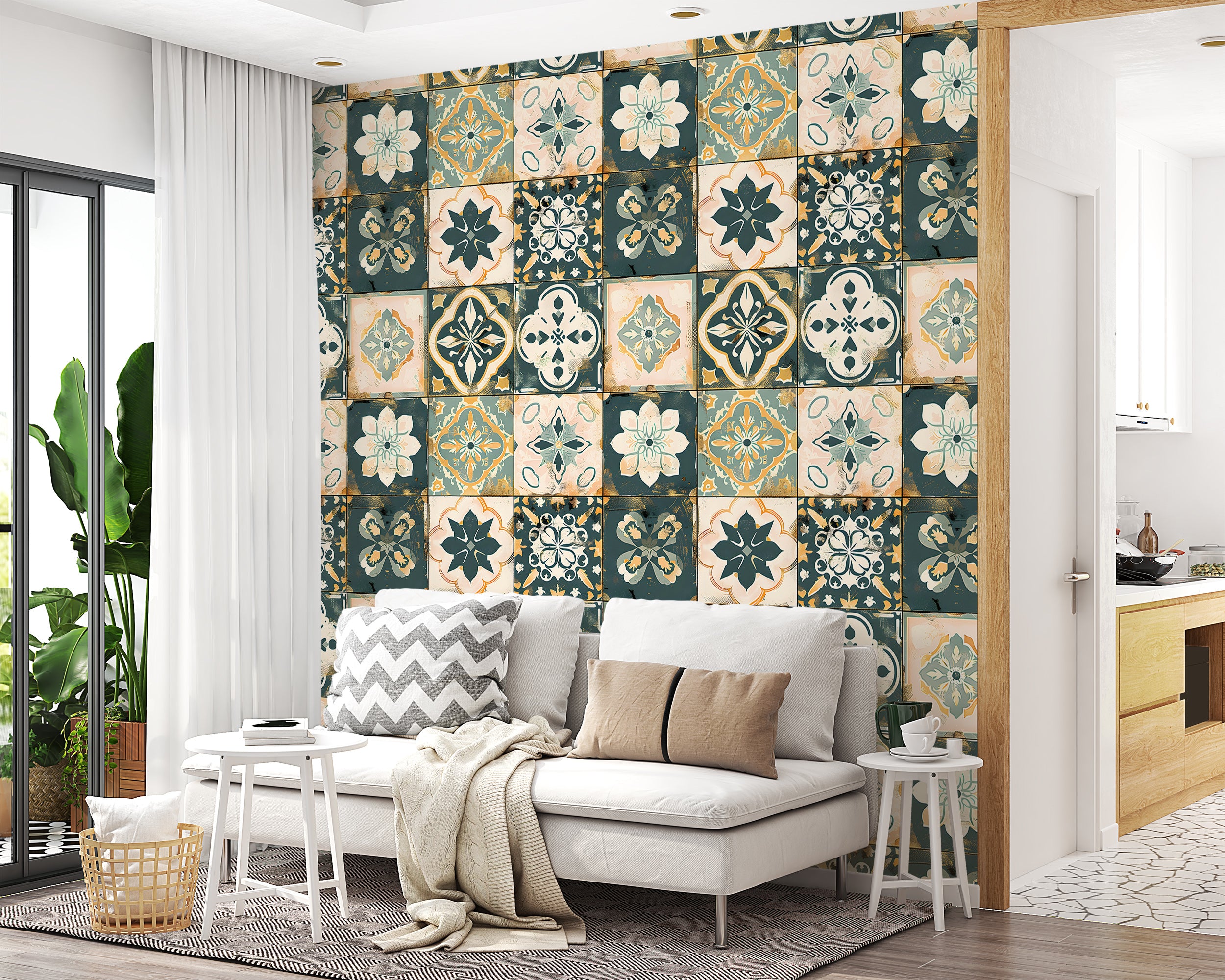 Patchwork Tiles Wallpaper, Peel and Stick Moroccan Wall Decal, Removable Floral Tile Style Wallpaper, Rustic Colors Vintage Wall Decor