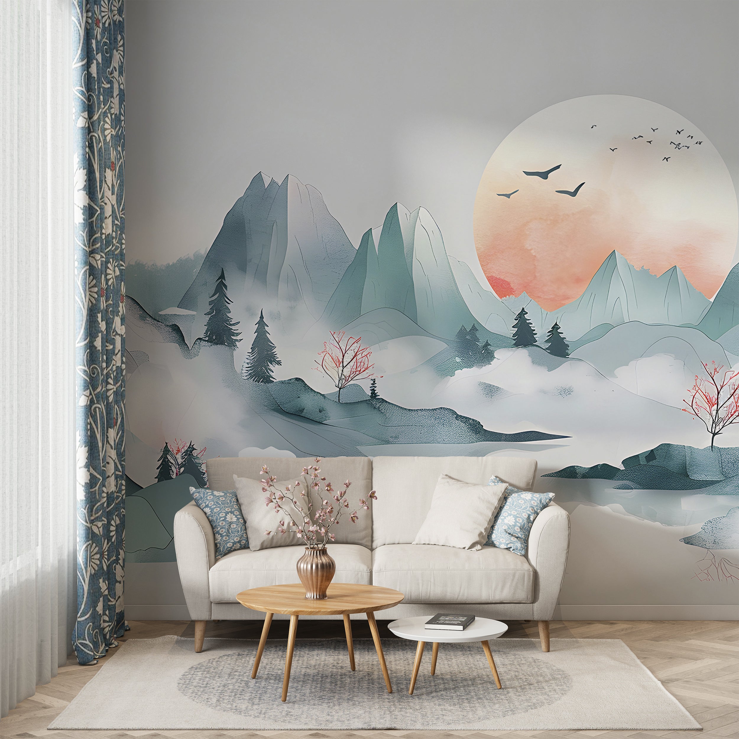 Japanese Abstract Landscape Mural, Peel and Stick Pastel Green Mountains Wallpaper, Foggy Mountain Sunset Watercolor Wall Mural