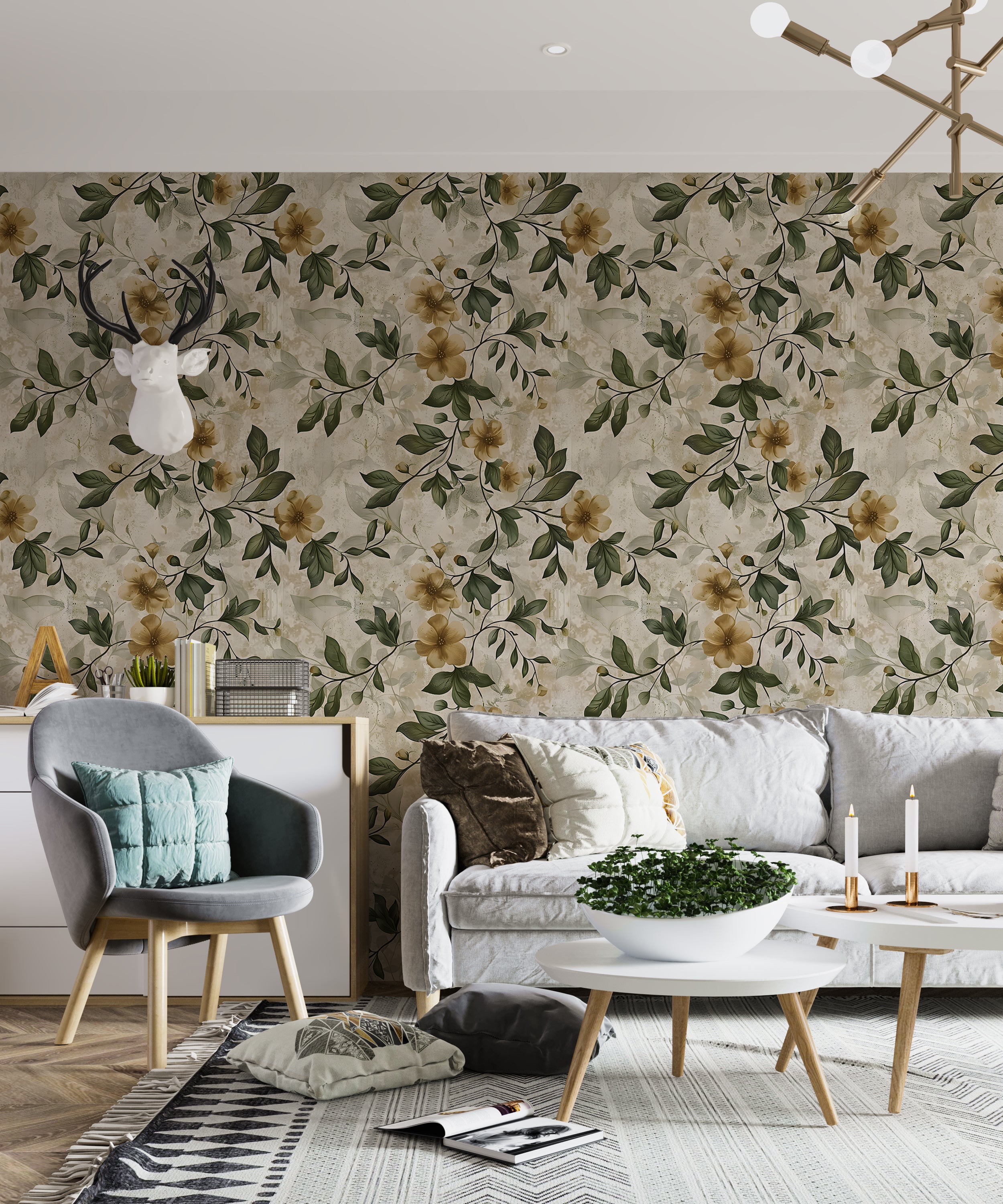 Rustic Beige and Green Floral Wallpaper, Vintage Peel and Stick Botanical Wall Decal, Removable Flowers and Leaves Old Style Wallpaper