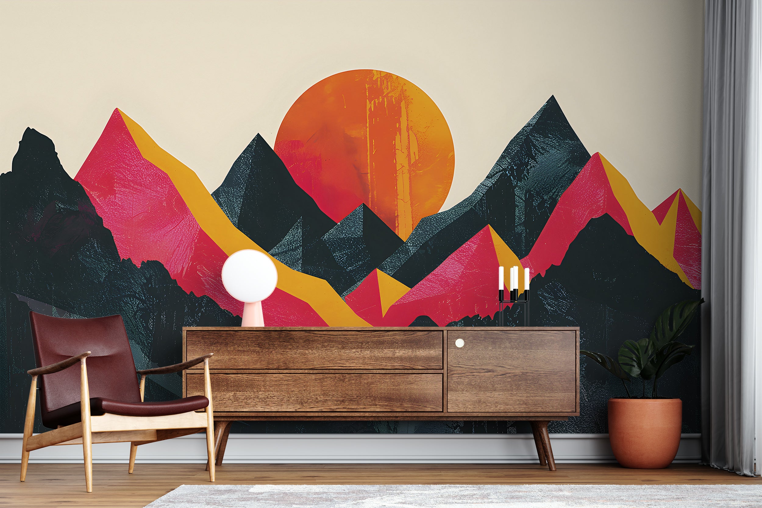 Abstract Landscape in Pop Art Style Mural, Peel and Stick Mountain Sunset Wallpaper, Modern Accent Wall Art, Green and Orange Decor
