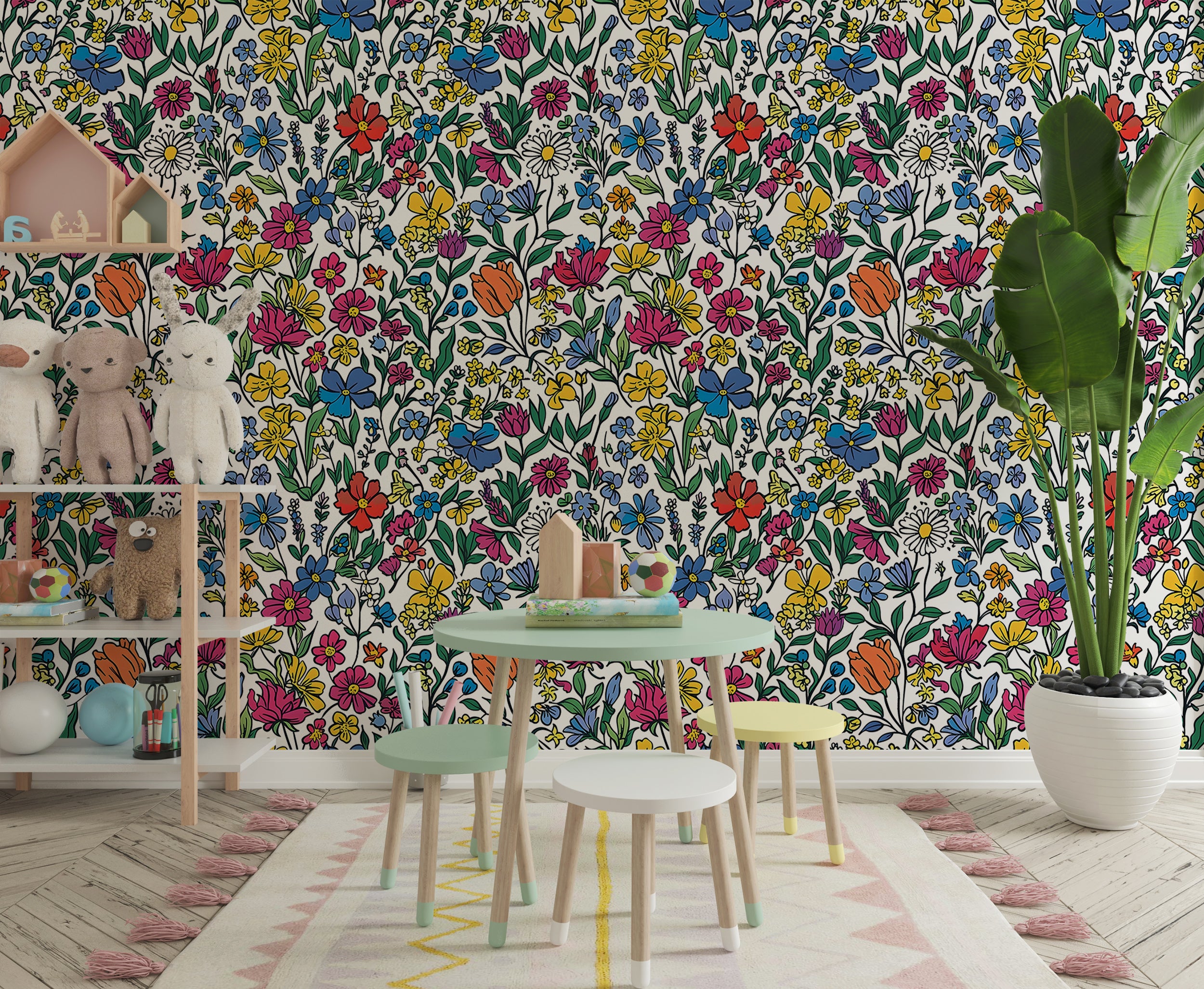 Colorful Floral Wallpaper, Watercolor Peel and Stick Meadow Flowers Wall Decal, Removable Cartoon Style Wild Flower Pattern Wallpaper