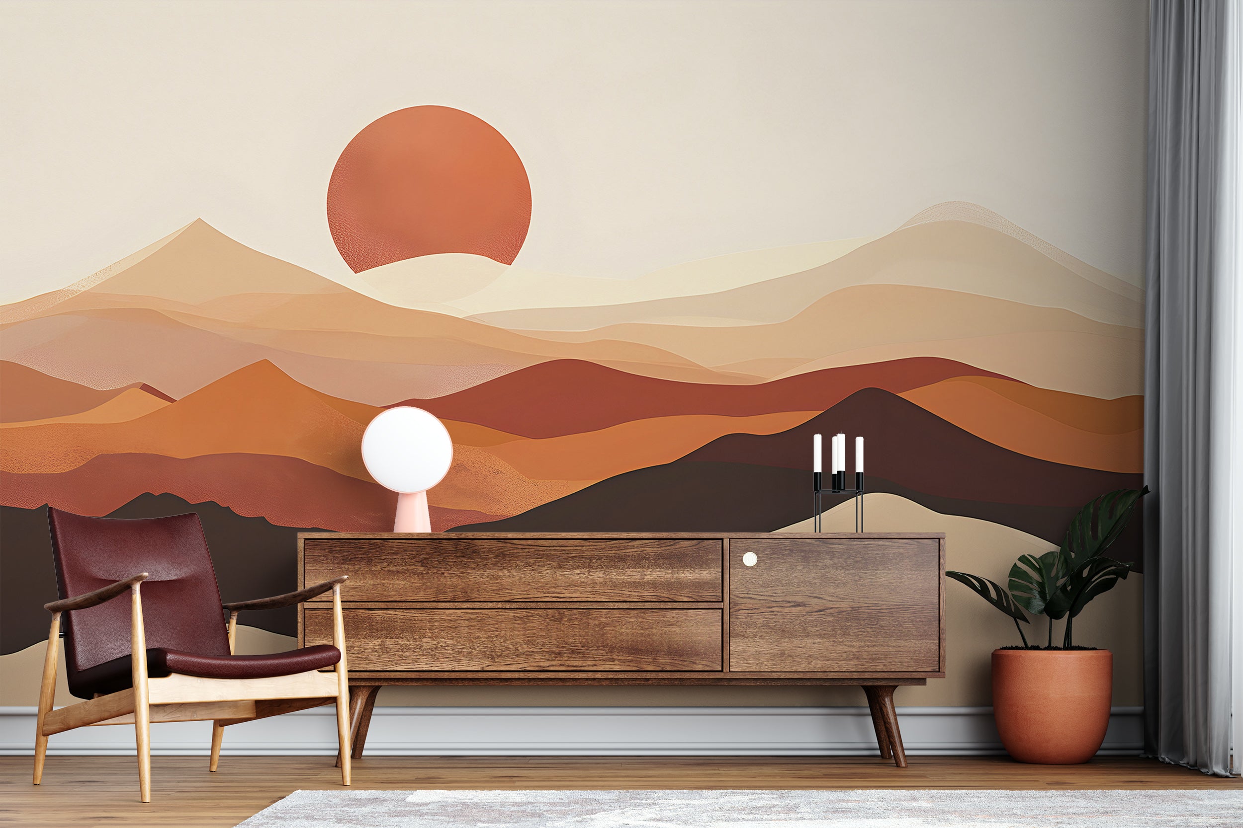 Minimalistic Desert Wall Mural, Peel and Stick Watercolor Sand Dunes Wallpaper, Abstract Mountain Sunset Mural, Beige and Brown Boho Mural