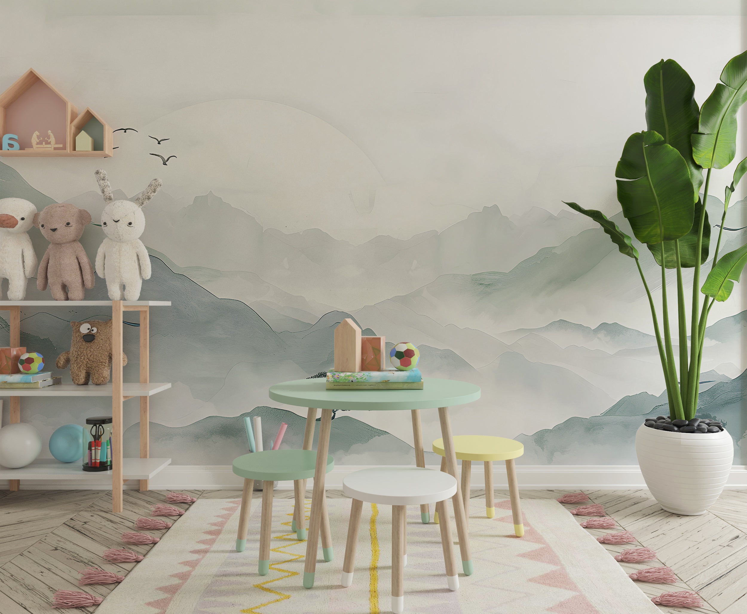 Pastel Mint Mountain Landscape Wall Mural, Self-adhesive Soft Green Japanese Nature Wallpaper, Removable Minimalistic Nursery Wall Decal