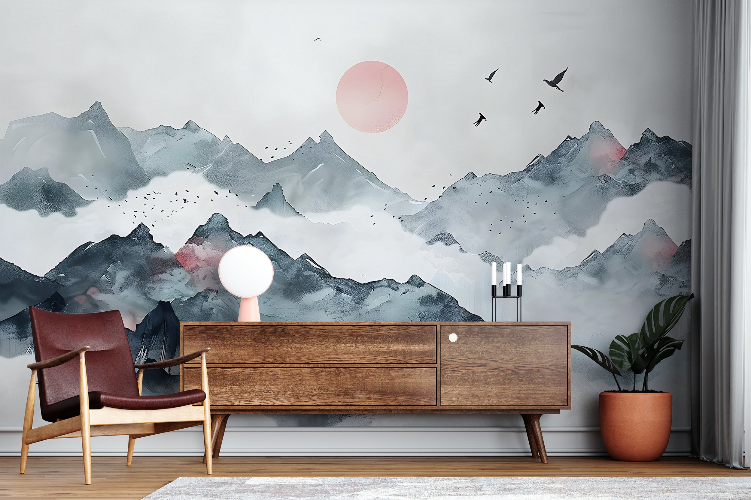 Abstract Mountains Sunset Mural, Watercolor Japanese Landscape Wallpaper, Peel and Stick Removable Green Foggy Mountain Wall Decal