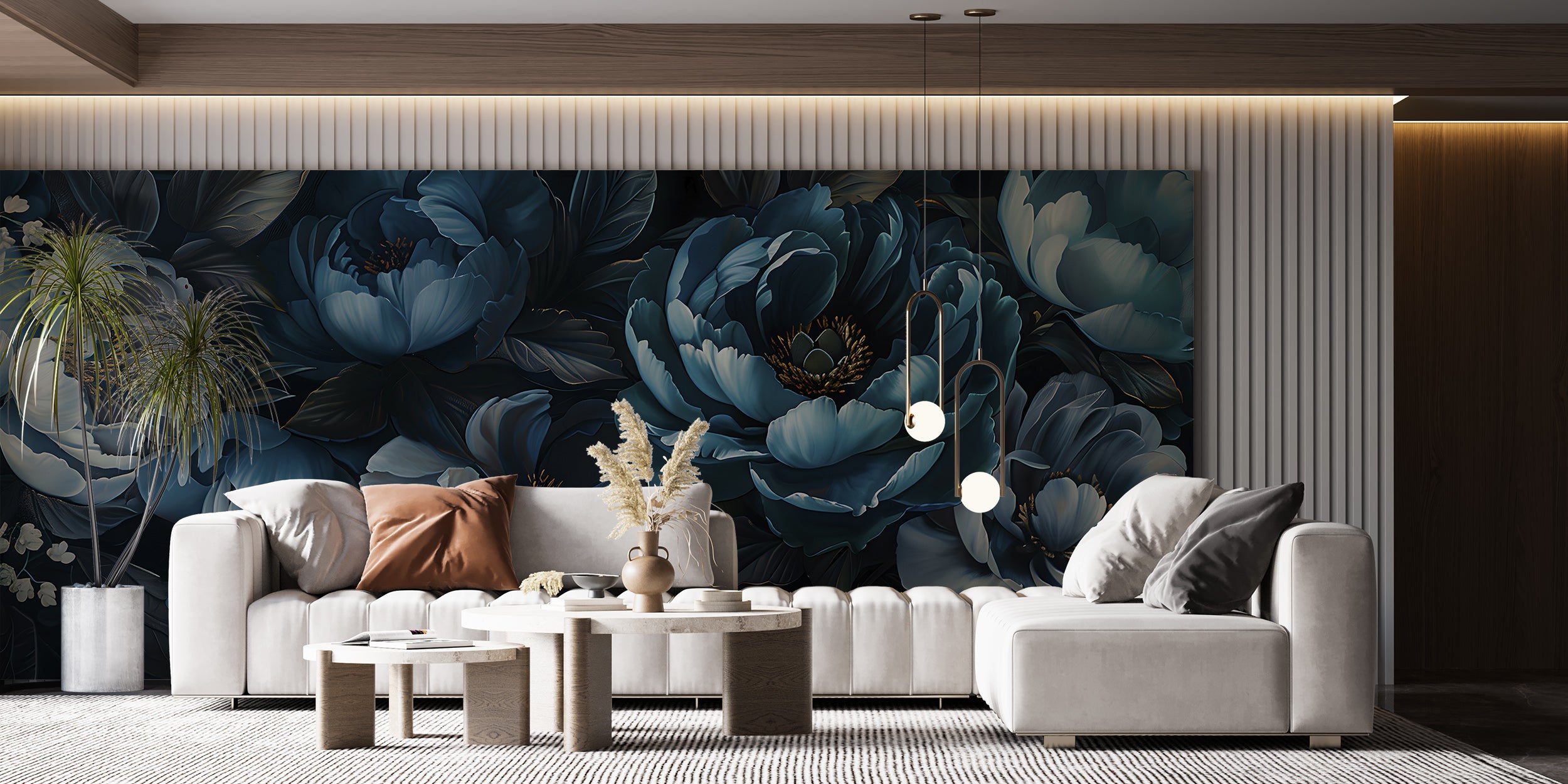 Dark Blue Peonies Mural, Peel and Stick Large Flowers Wallpaper, Removable Deep Blue Floral Wall Decal, Peony Accent Wall Art, PVC free Decor