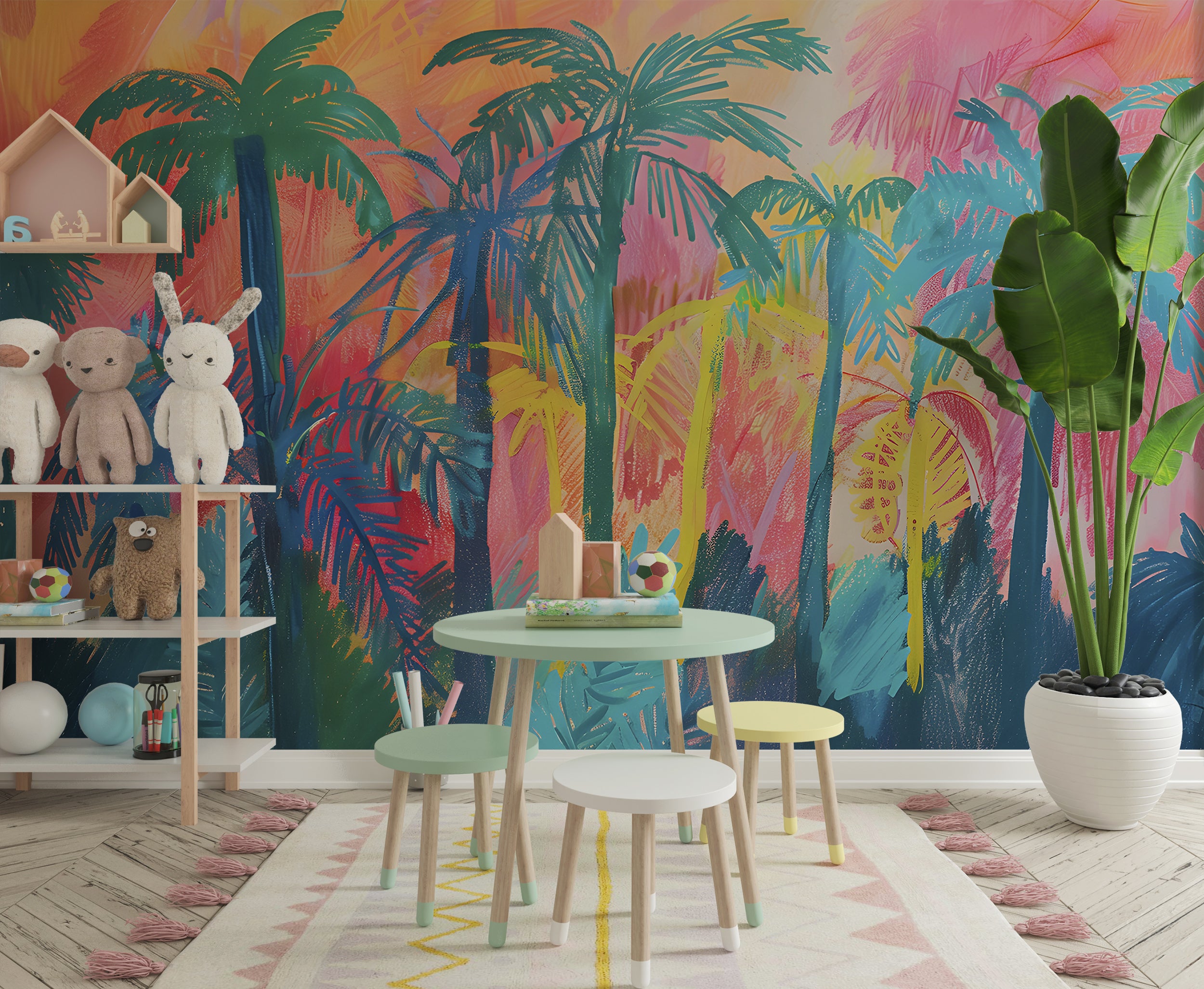 Colorful Palm Trees in Crayon Drawing Style Mural, Peel and Stick Tropical Wallpaper, PVC-free Abstract Palms Wall Mural, Nursery Decal