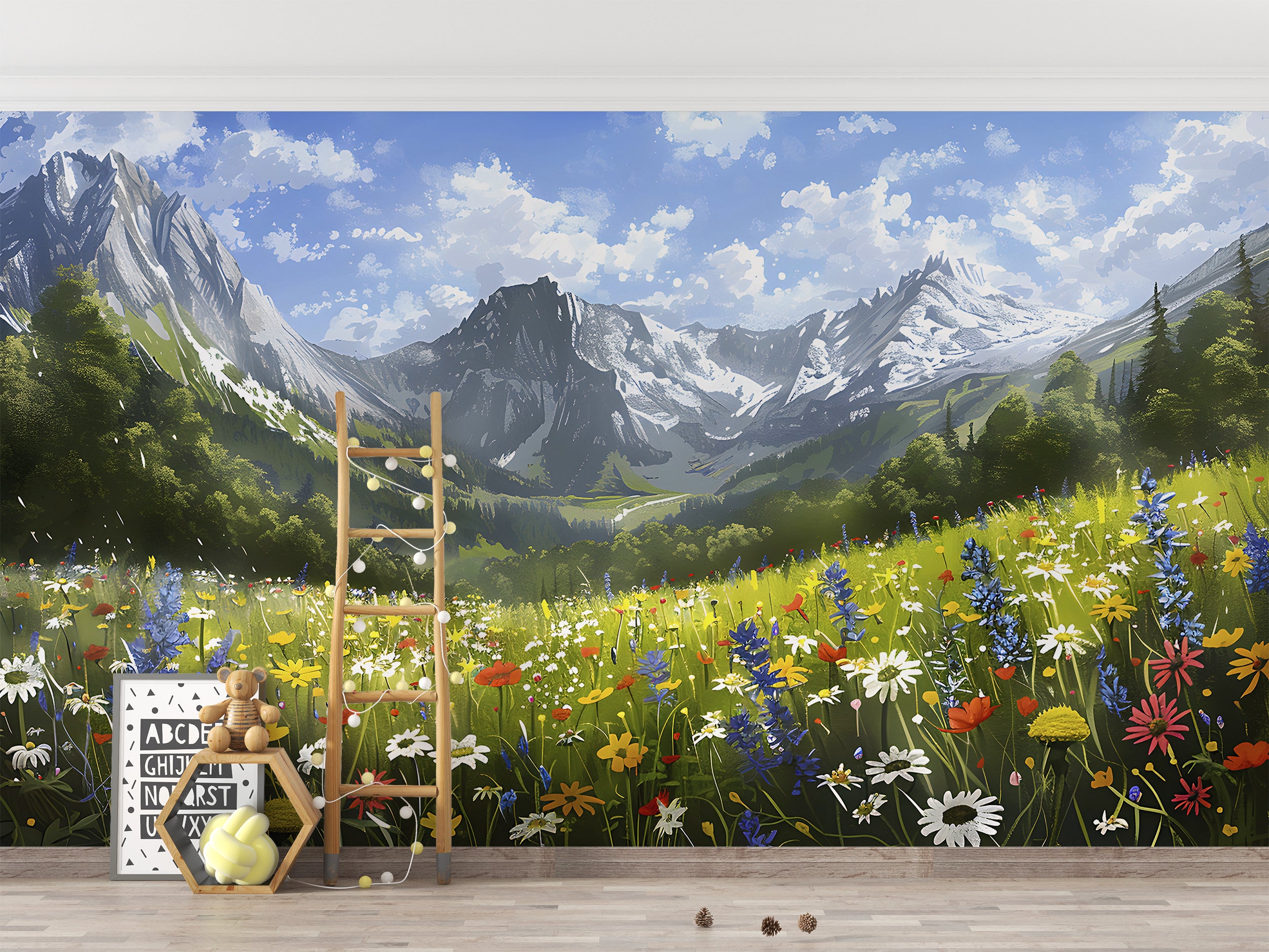 Colorful Flower Field Mural, Peel and Stick Mountain Wild Flower Field Wallpaper, Removable Nature Mural, Watercolor Floral Landscape Wall Decal