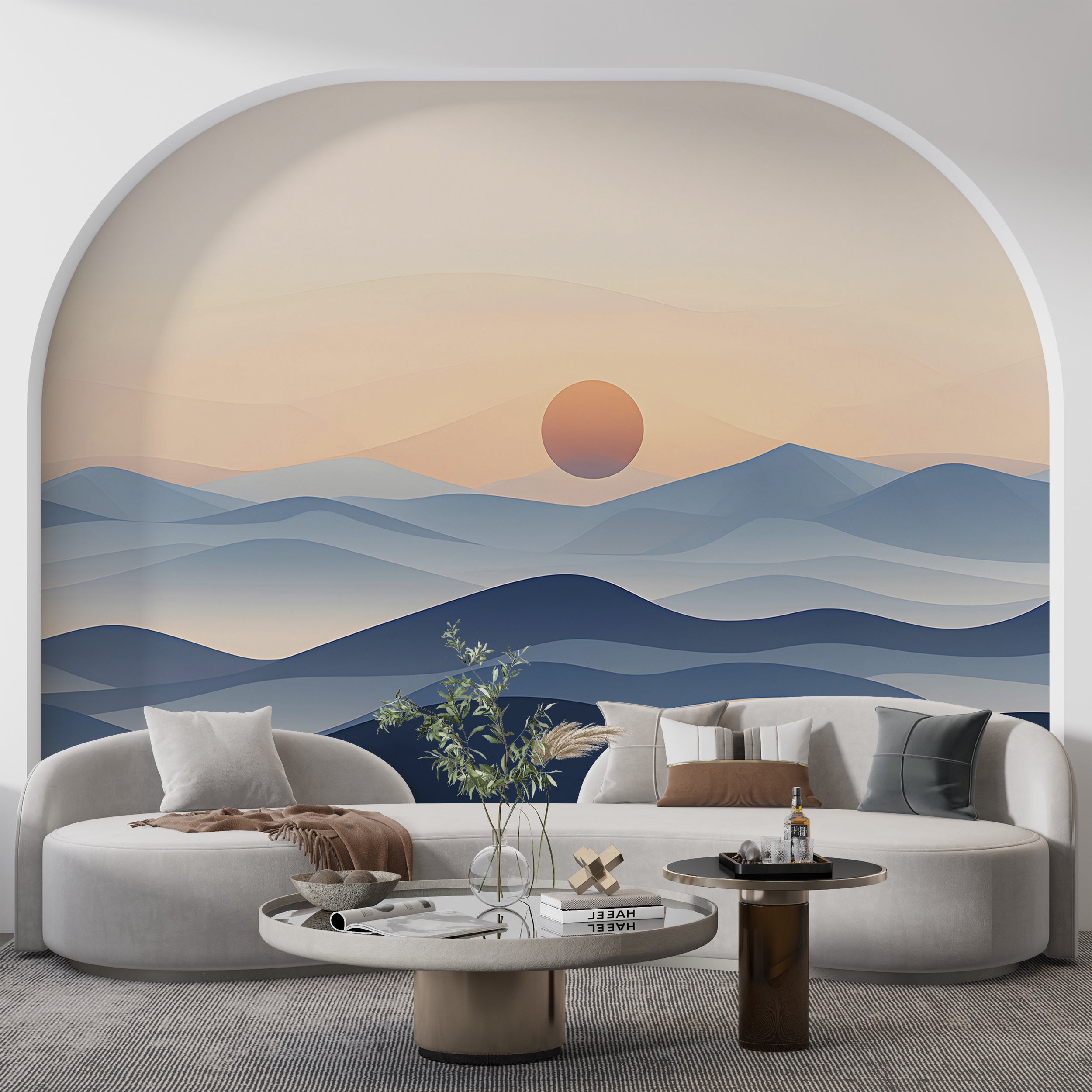 Minimalistic Abstract Blue Mountains Wall Mural, Watercolor Landscape Self-adhesive Wallpaper in Pastel Colors, Bathroom Accent Wall Art