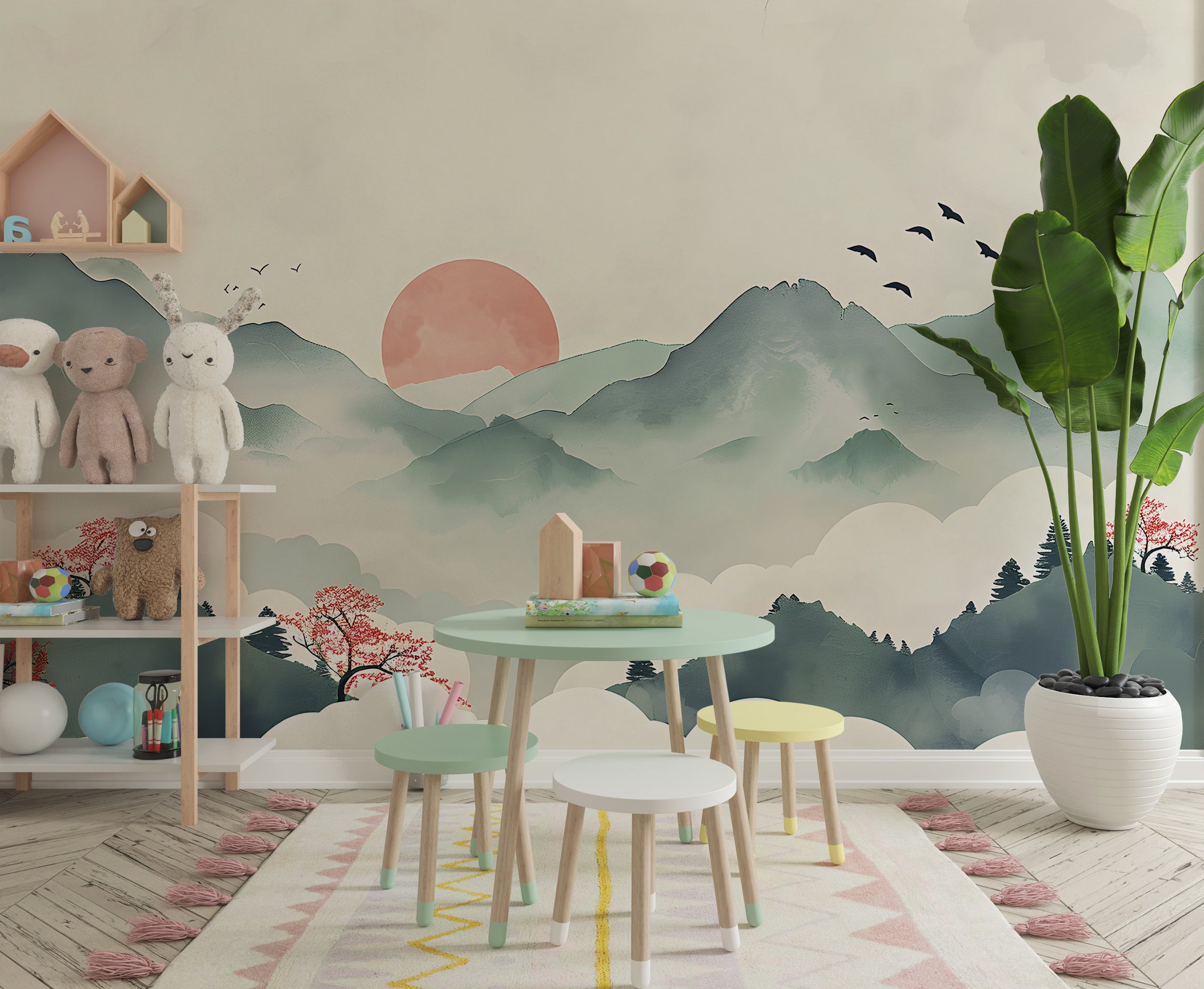 Red Sun Behind Green Mountains Mural, Watercolor Japanese Landscape Wallpaper, Peel and Stick Soft Colors Accent Wall Removable Wall Decal