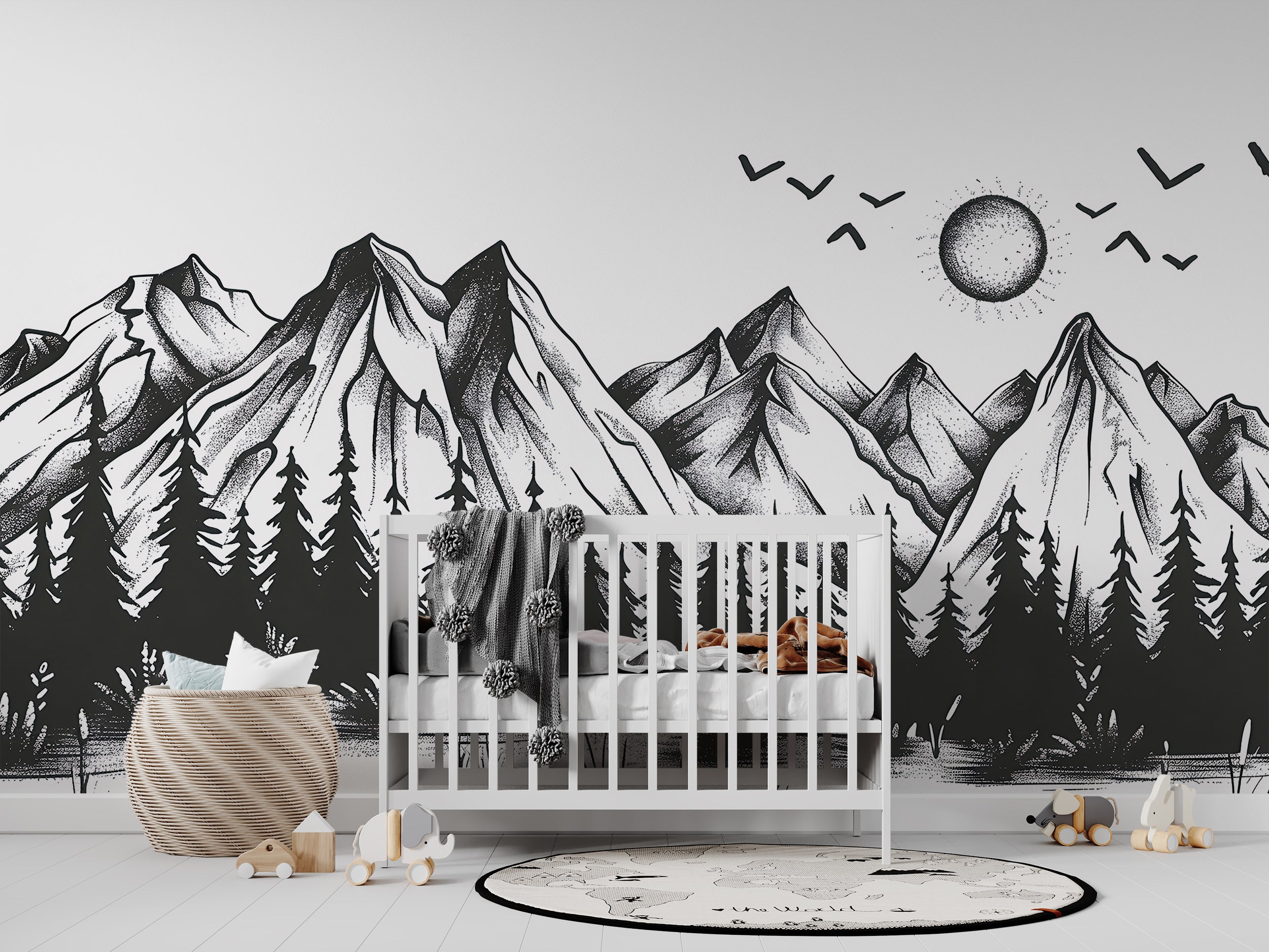 Mountains and Forest in Doodling Style Mural, Black and White Wild Nature Landscape Wallpaper, Peel and Stick Birds Sun Mountains Art