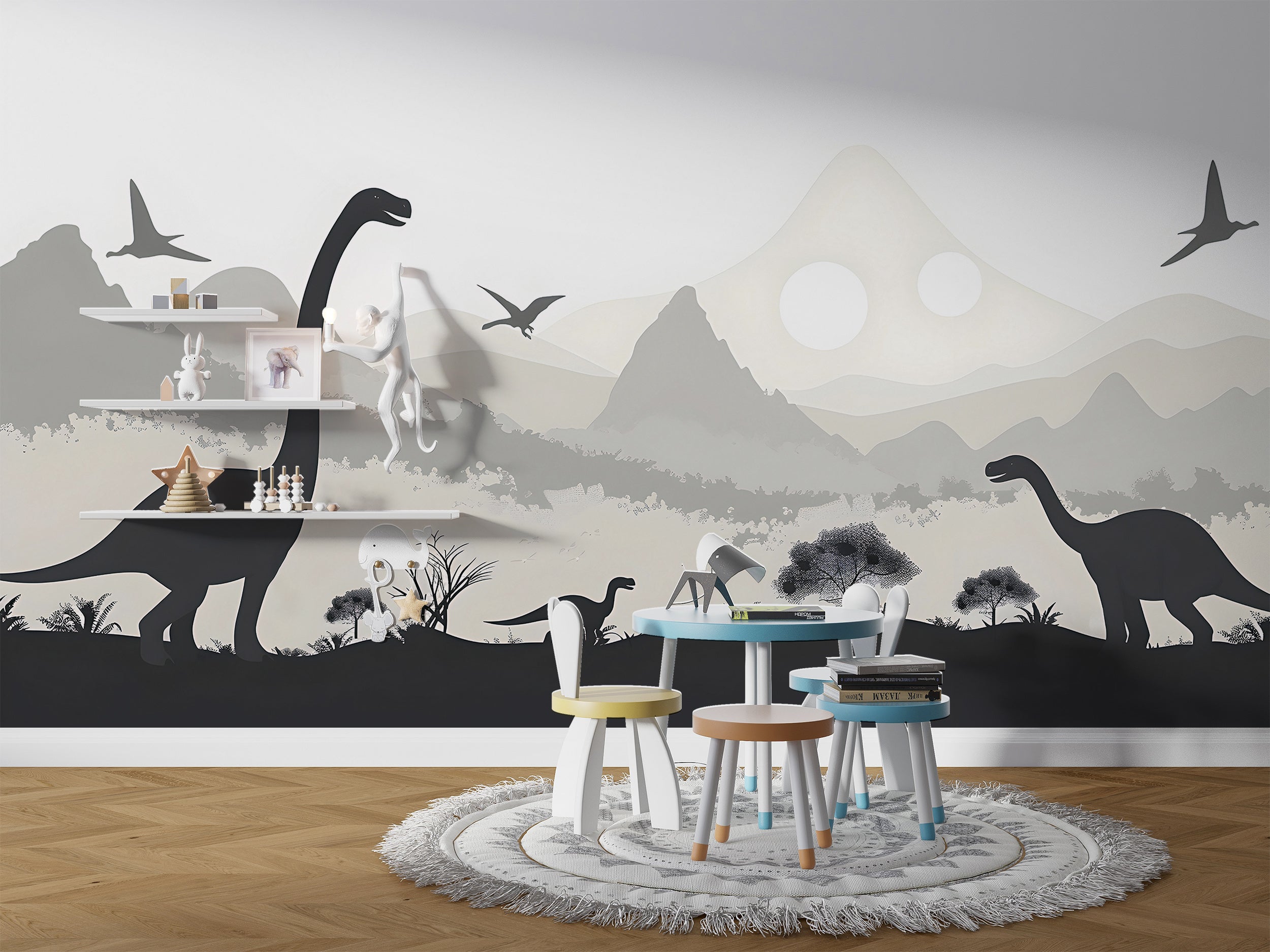 Dinosaurs Nursery Wall Mural, Ancient World Life Wallpaper, Peel and Stick Mountains Grey Playroom Mural, Custom Size Removable Decal