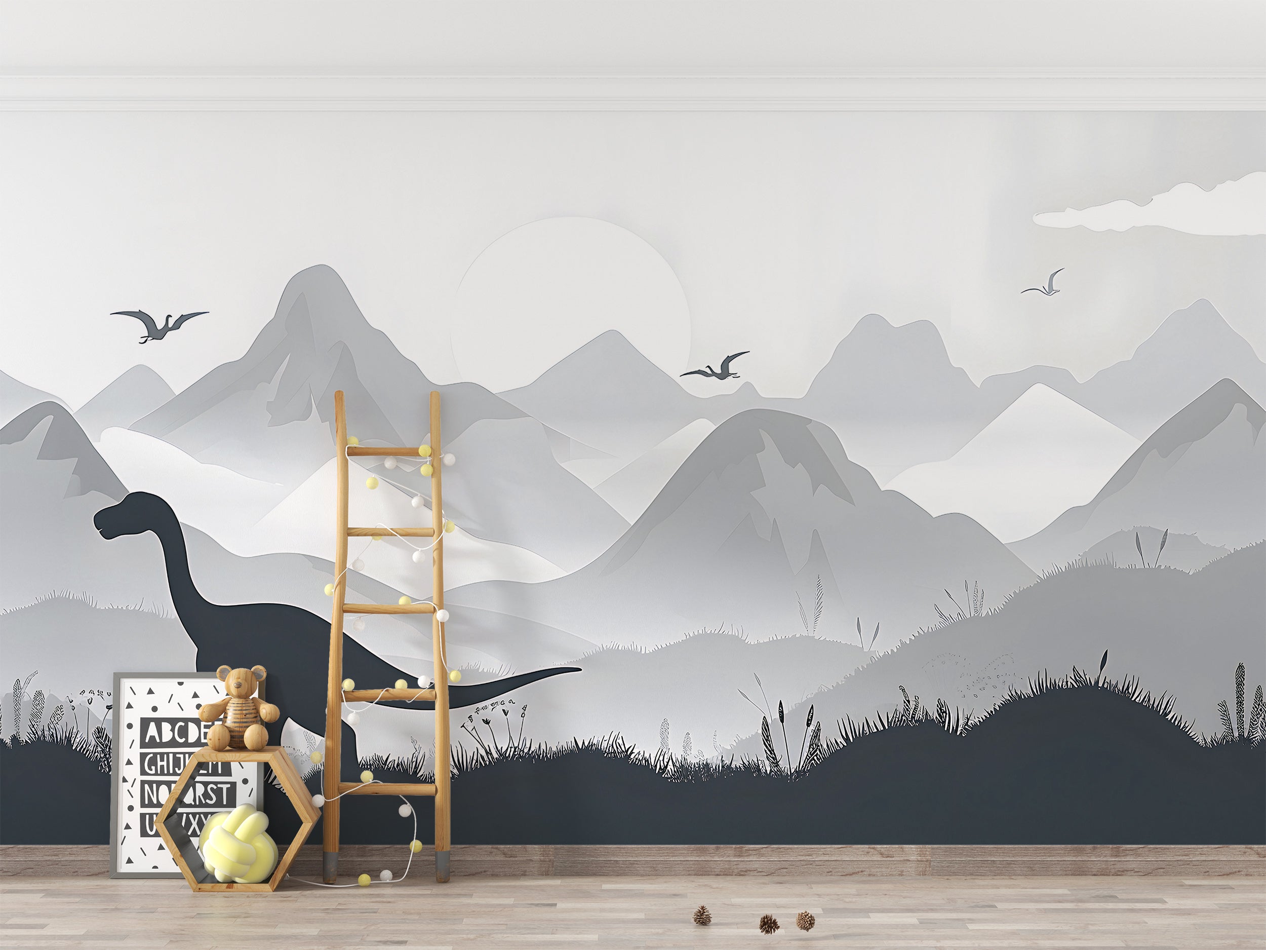 Dinosaur Wall Mural, Ancient World Nursery Wallpaper, Self-adhesive Grey Mountains Landscape Playroom Mural, PVC-free Decal