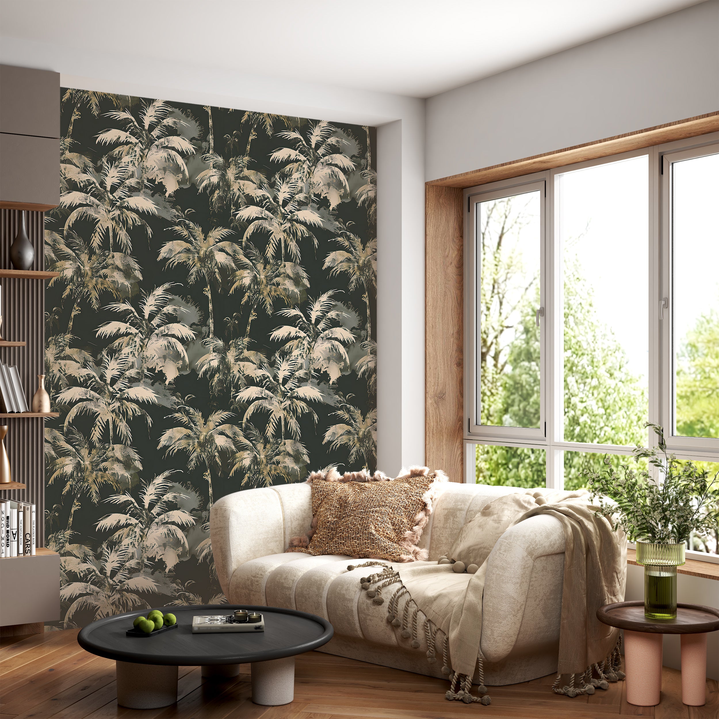 Palm Leaves Dark Wallpaper, Green and Beige Tropical Wall Decal, Peel and Stick Palm Tree Wallpaper, Removable Coastal Botanical Decor