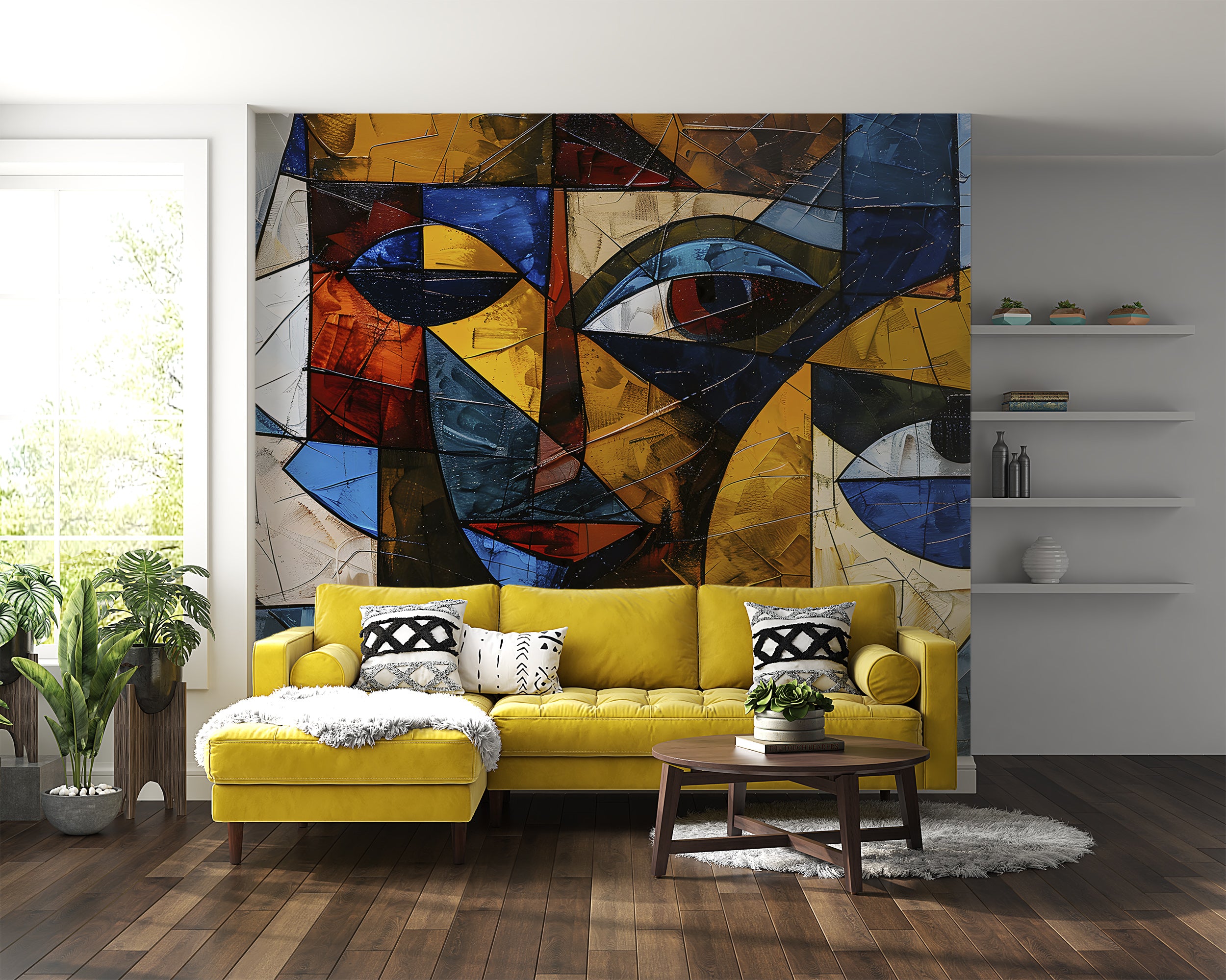 Abstract Mural in Cubism Style, Peel and Stick Colorful Modern Wallpaper, Removable Abstract Faces Wall Decal, Accent Wall Art