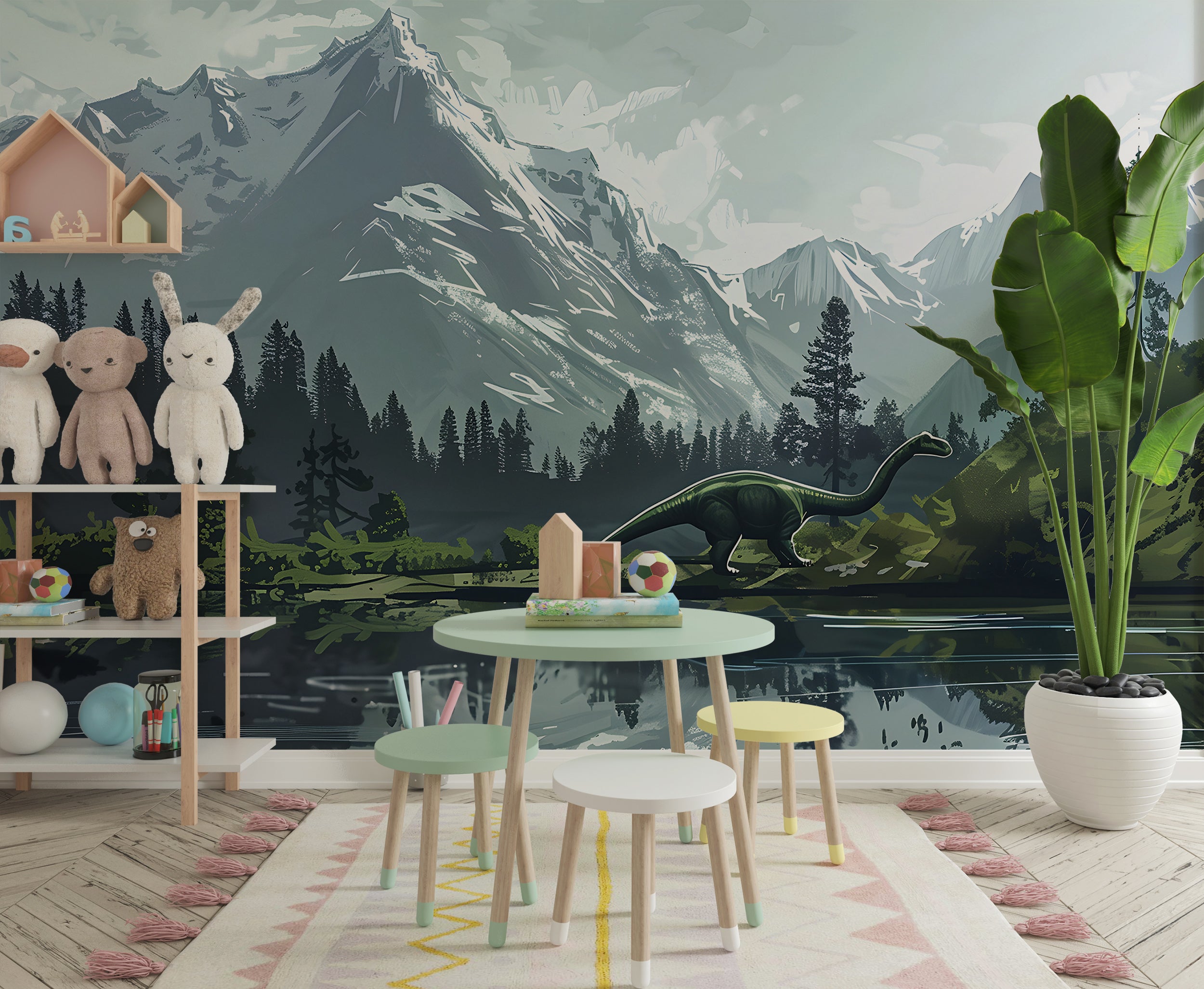 Watercolor Mountains and Forest Mural, Dinosaur Wall Mural, Nursery Peel and Stick Wild Nature Landscape, Removable Decal