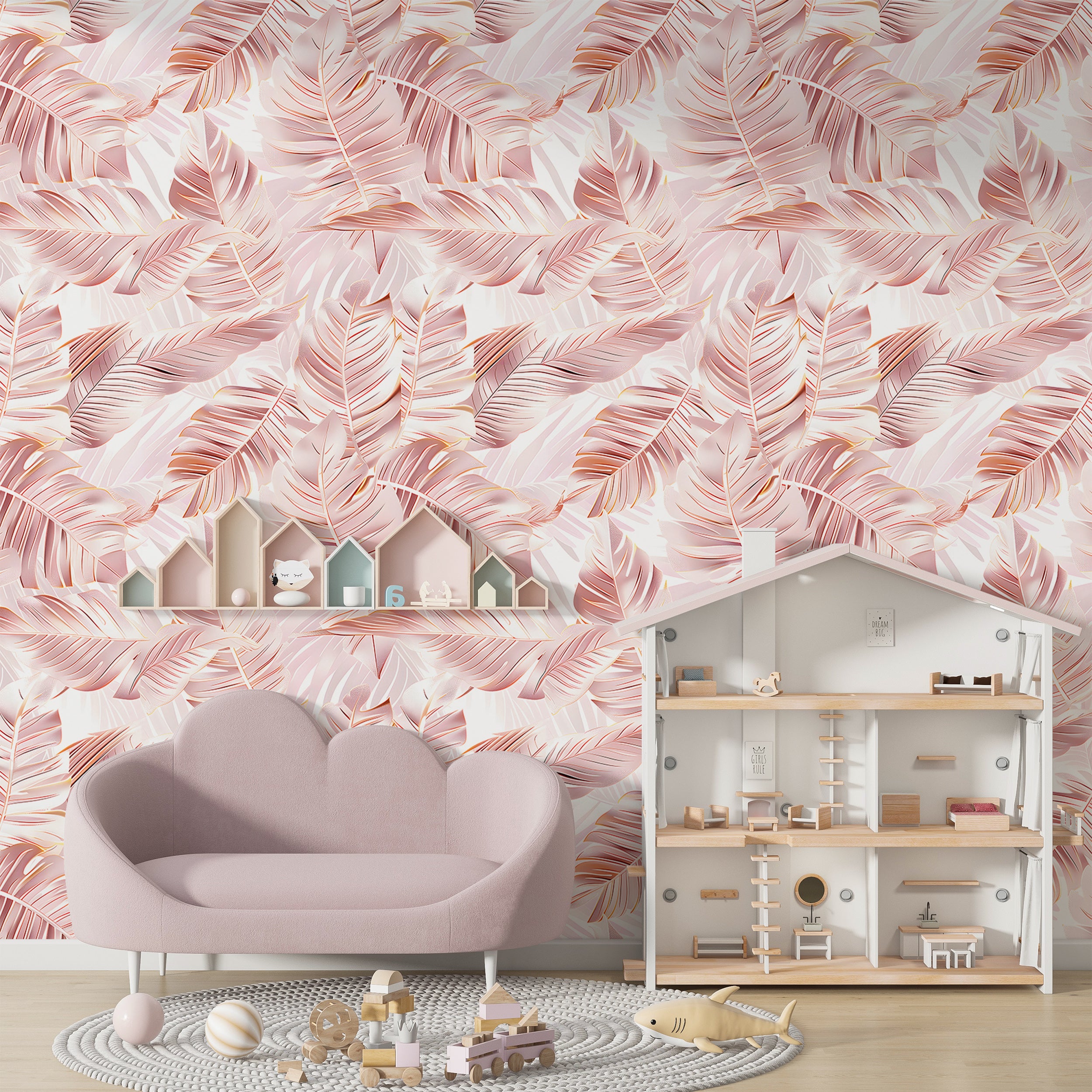 Palm Leaves in Gold Rose Colour Wallpaper, Peel and Stick Pink Tropical Decal, Removable Coastal Botanical Wallpaper, Soft Pink Palm Tree Leaf Pattern