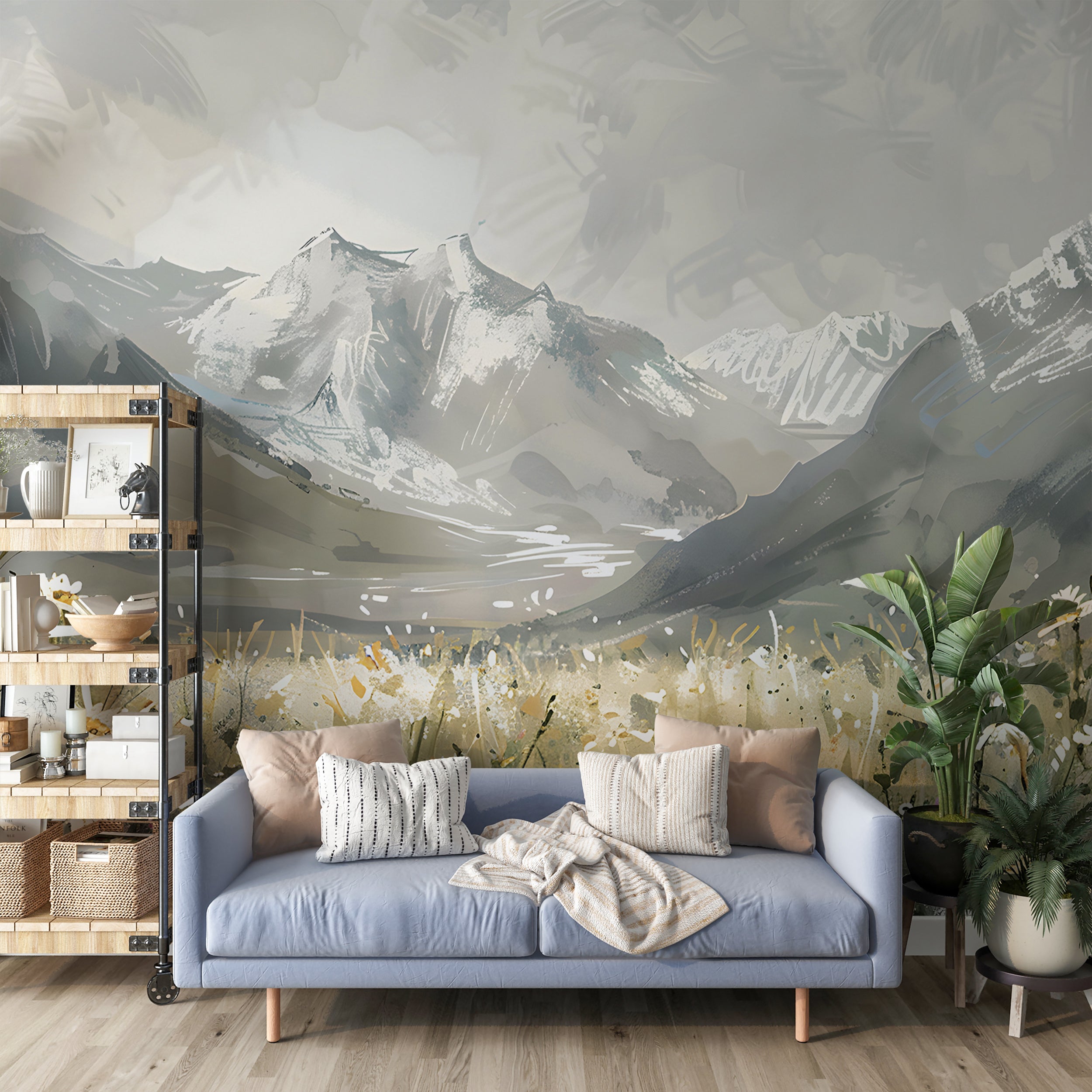 Watercolor Mountain Field Mural, Meadow Flowers in Natural Colors Wallpaper, Peel and Stick Wild Nature Landscape Mural, Grey Mountains Decal