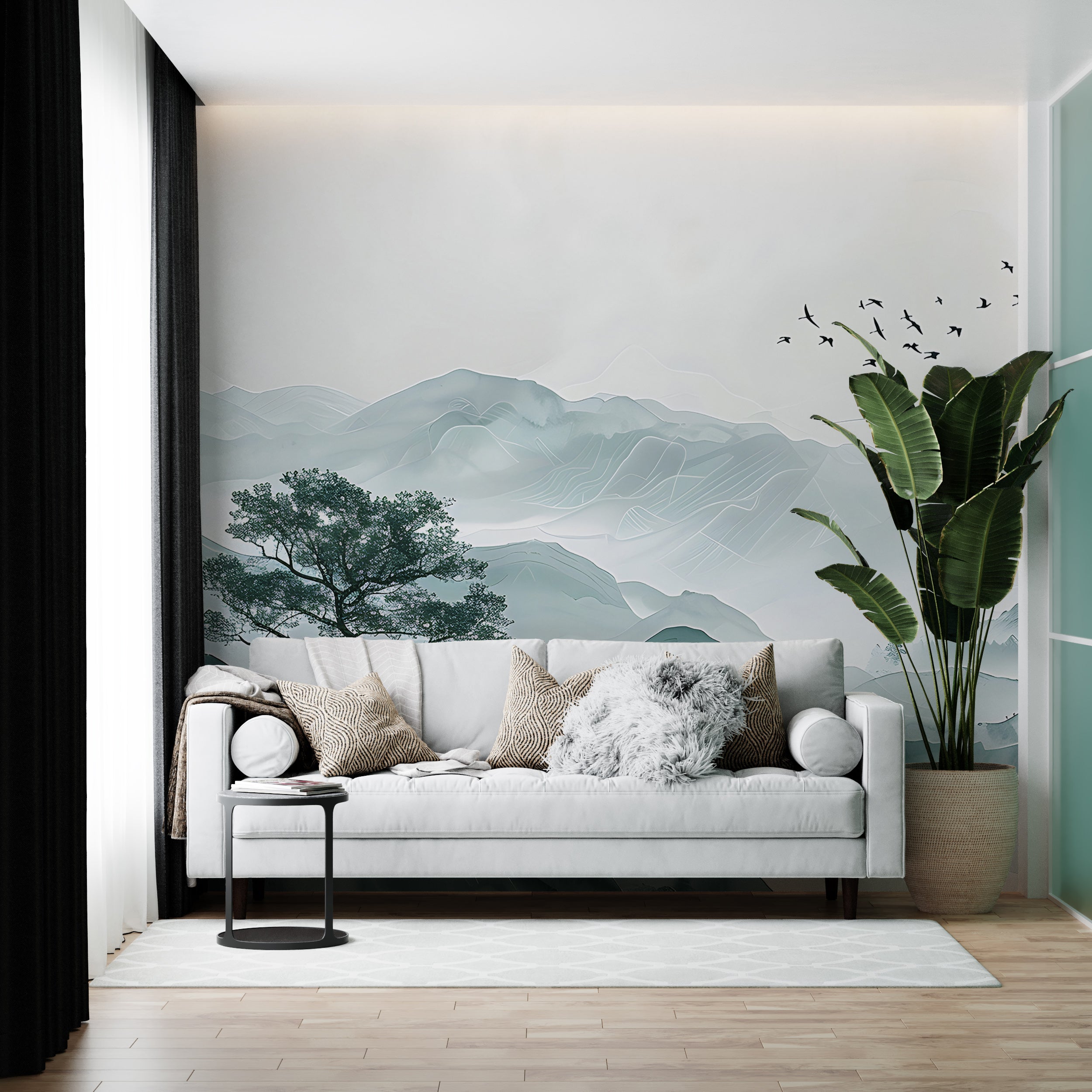 Bird Swallow and Mountains Mural, Peel and Stick Soft Green Misty Mountain Landscape Wallpaper, Abstract Foggy Nature Wall Decal
