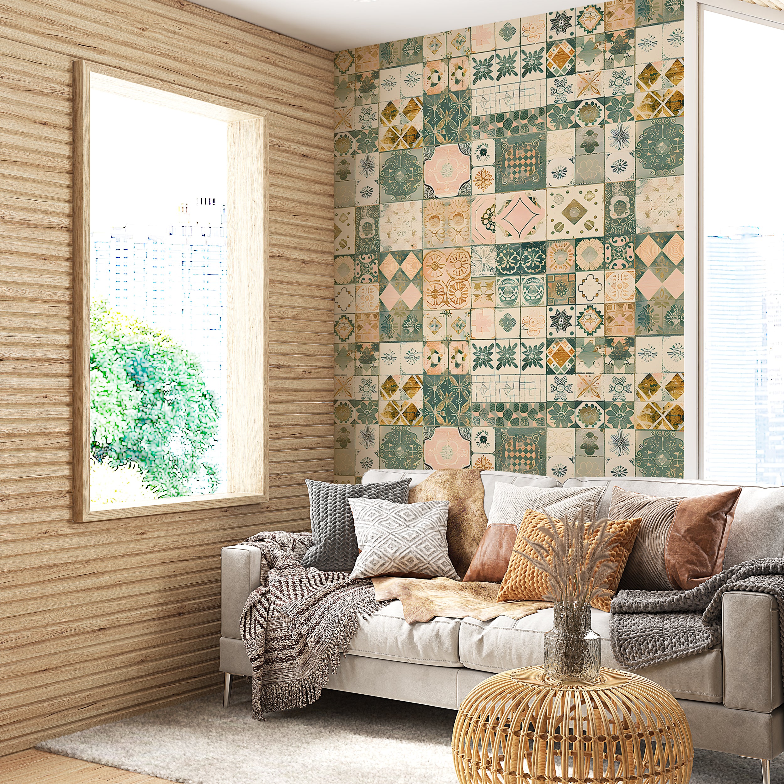 Moroccan Wallpaper, Patchwork Tiles Wallpaper, Green and Beige Tiles Wall Decal, Peel and Stick Watercolor Rustic Tiles Decor