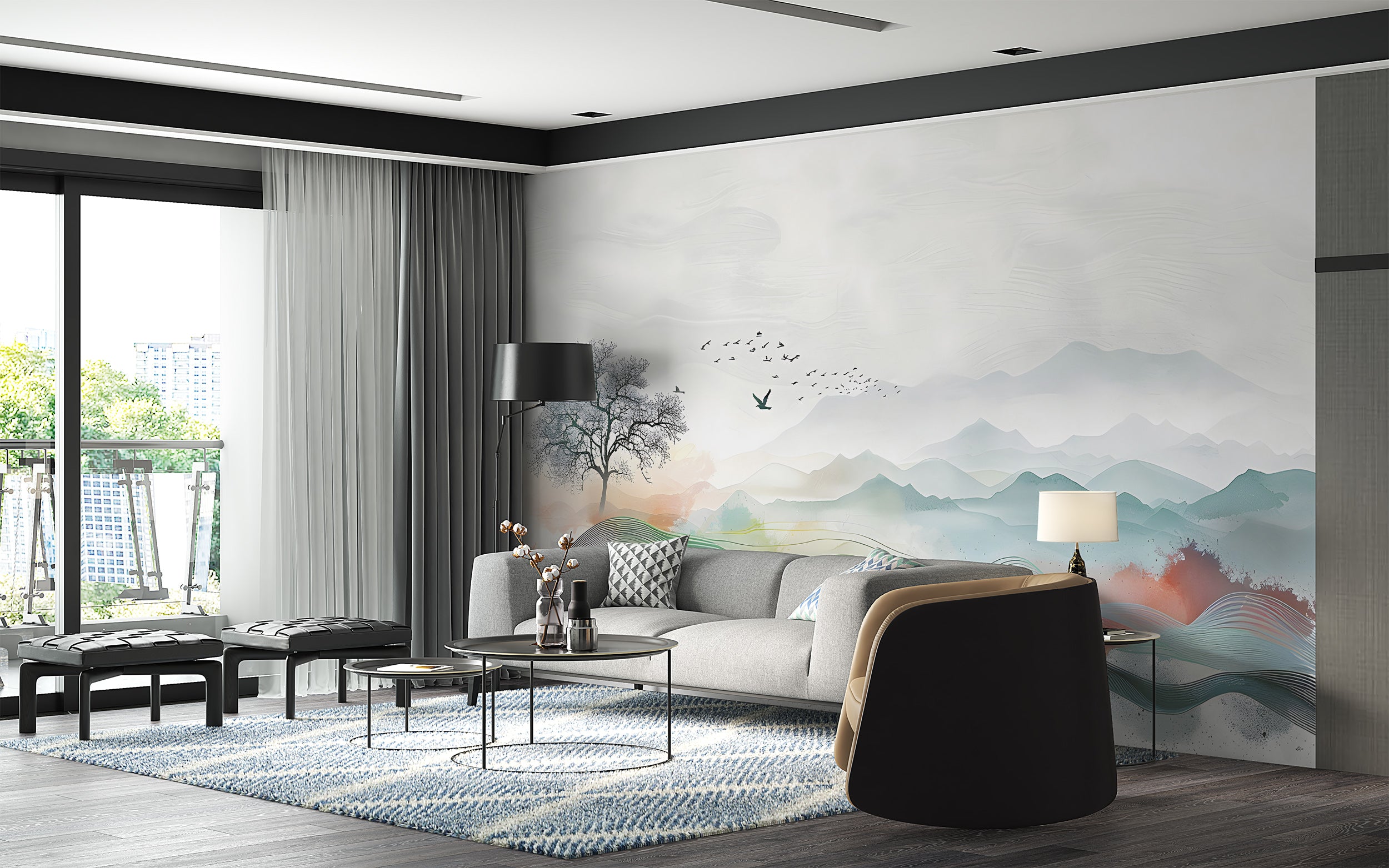 Abstract Landscape Wall Mural, Watercolor Nature Mural, Colorful Landscape Tree and Birds Wallpaper, Peel and Stick Minimalistic Wall Art