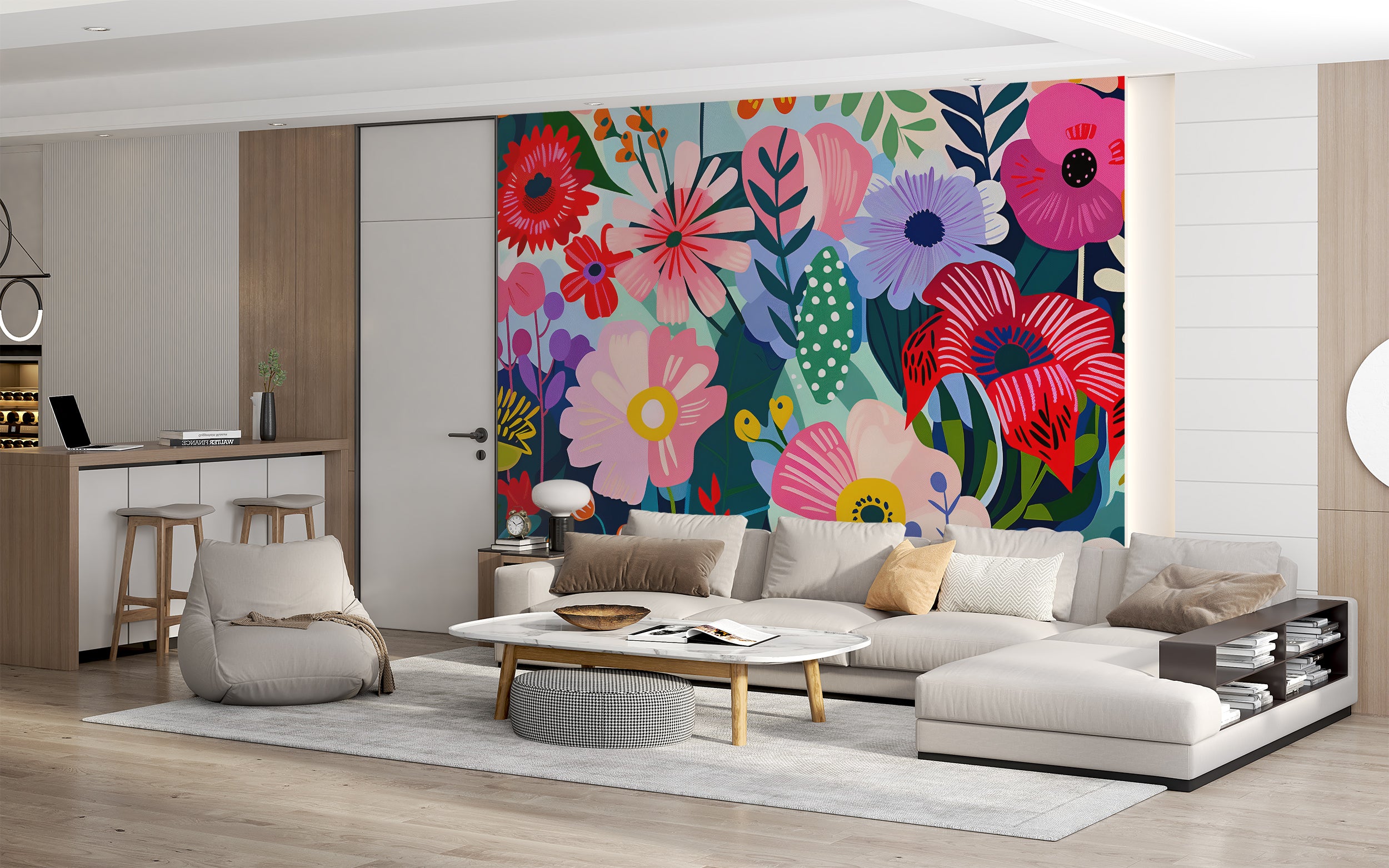 Colorful Abstract Flowers Wallpaper, Peel and Stick Modern Floral Mural, Large Wild Flowers Wall Decor, Removable Meadow Flowers Art