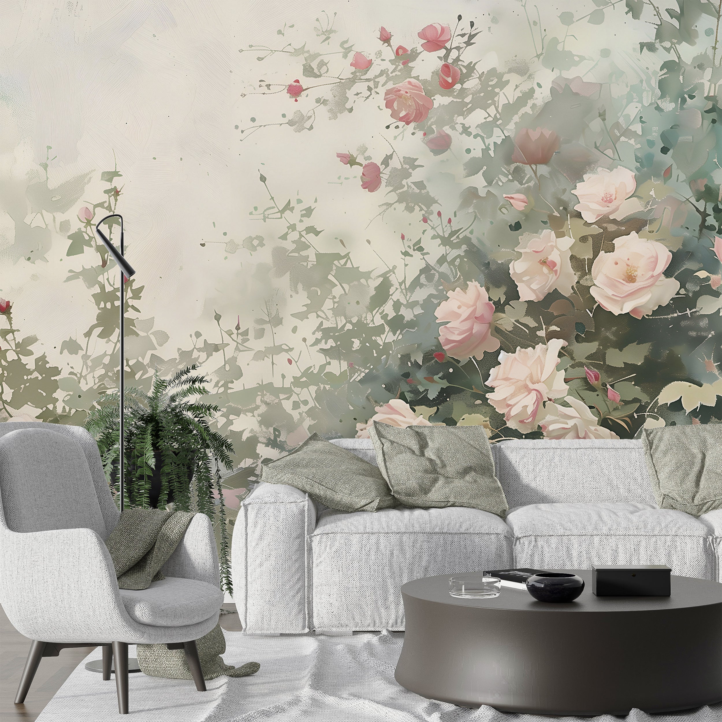 Watercolor Wild Roses Wallpaper, Peel and Stick Flower Bush Mural, Soft Green Botanical Wallpaper, Removable Floral Wall Art