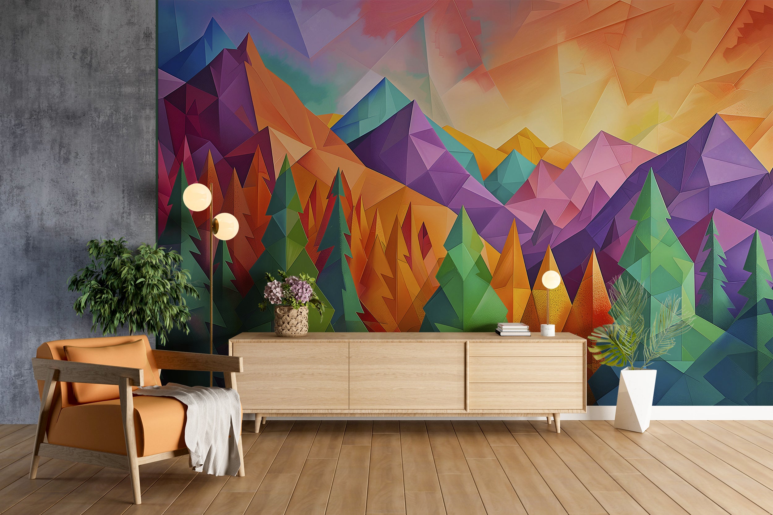 Colorful Mountains and Forest Landscape Mural, Peel and Stick Nature in Cubism Style Mural, Abstract Pine Trees Mural, Geometric Shapes Art