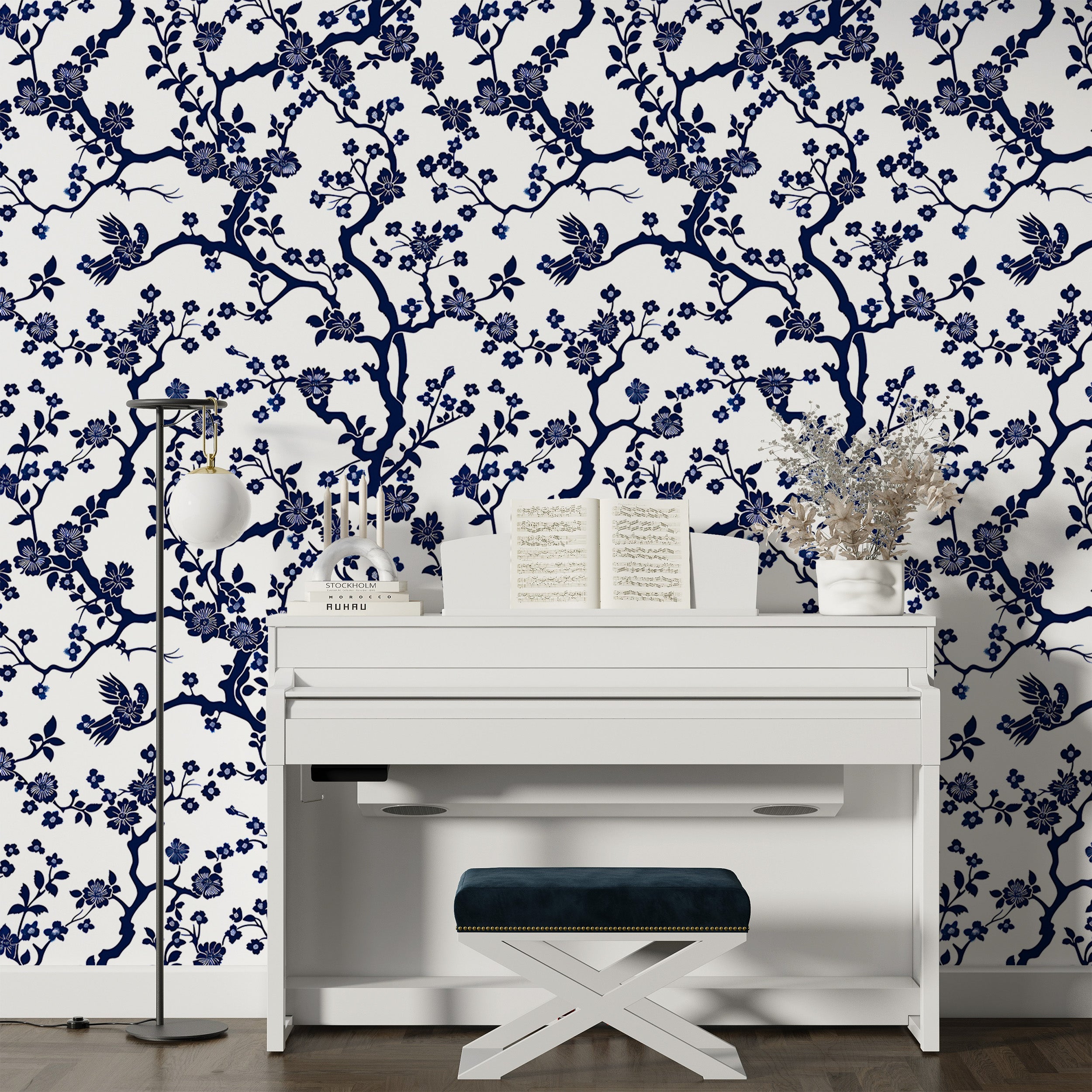 Blue and White Floral Wallpaper, Peel and Stick French Style Botanical Decor, Small Flowers and Branches Wallpaper, Removable Blue Floral