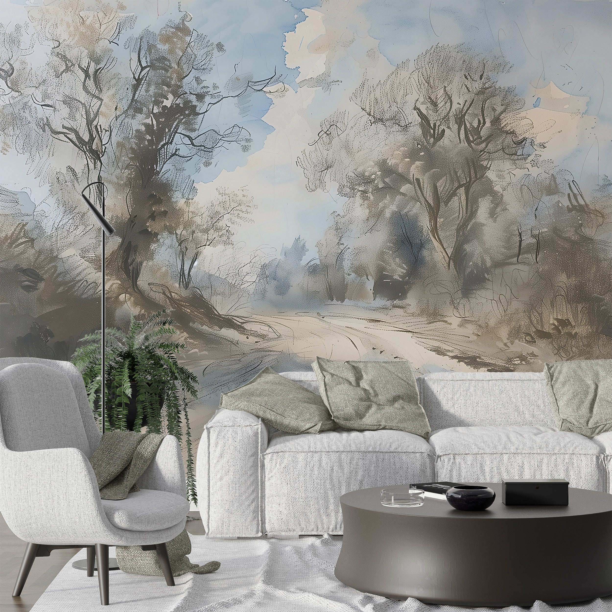 Scenic Vintage Landscape Wallpaper, Peel and Stick Pastel Colors Road and Trees Mural, Old Style Classic Countryside Mural, Removable Nature