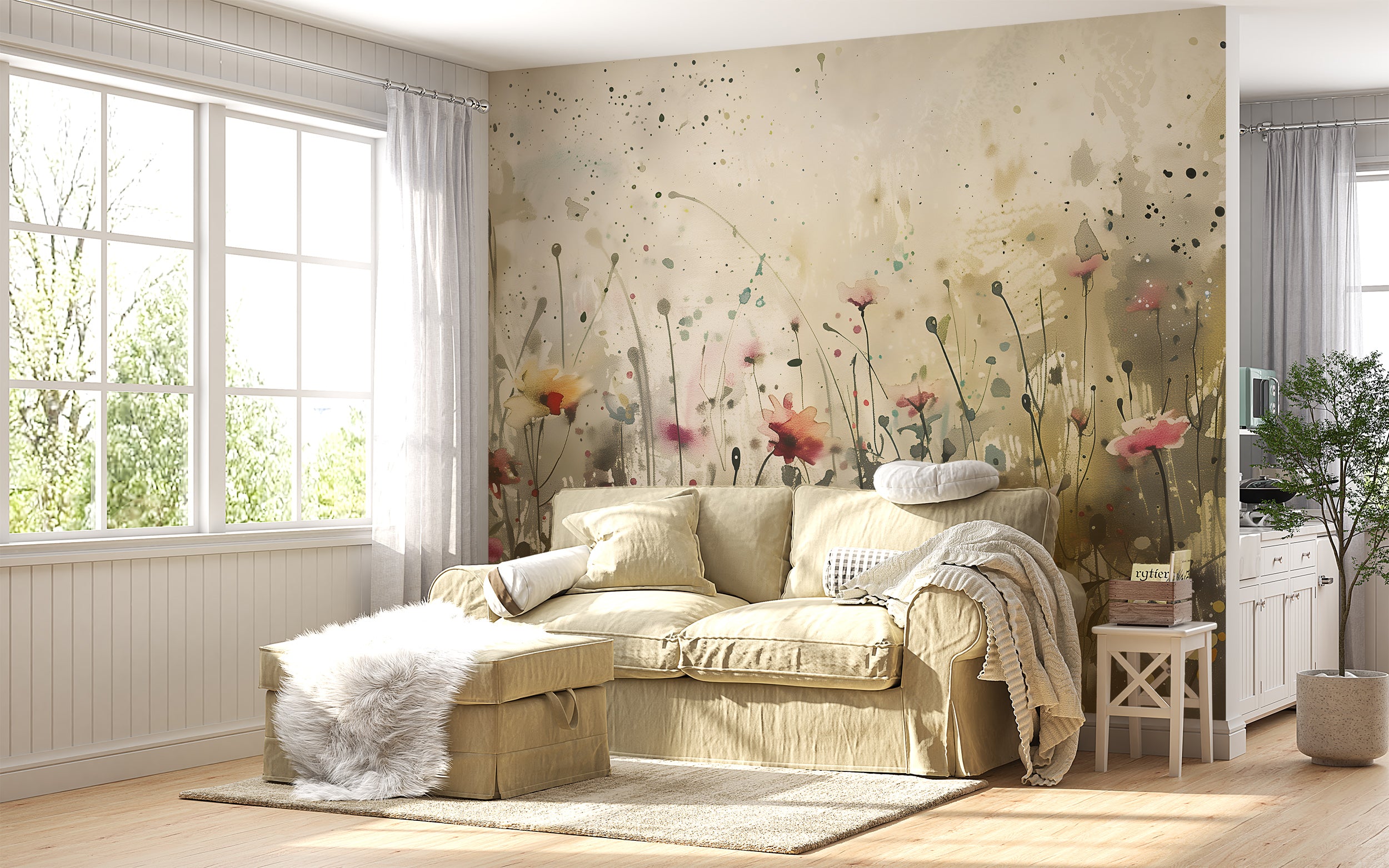 Abstract Watercolor Flower Field Mural, Peel and Stick Meadow Flowers Wallpaper, Removable Wild Floral Wall Decor, Beige Botanical Mural
