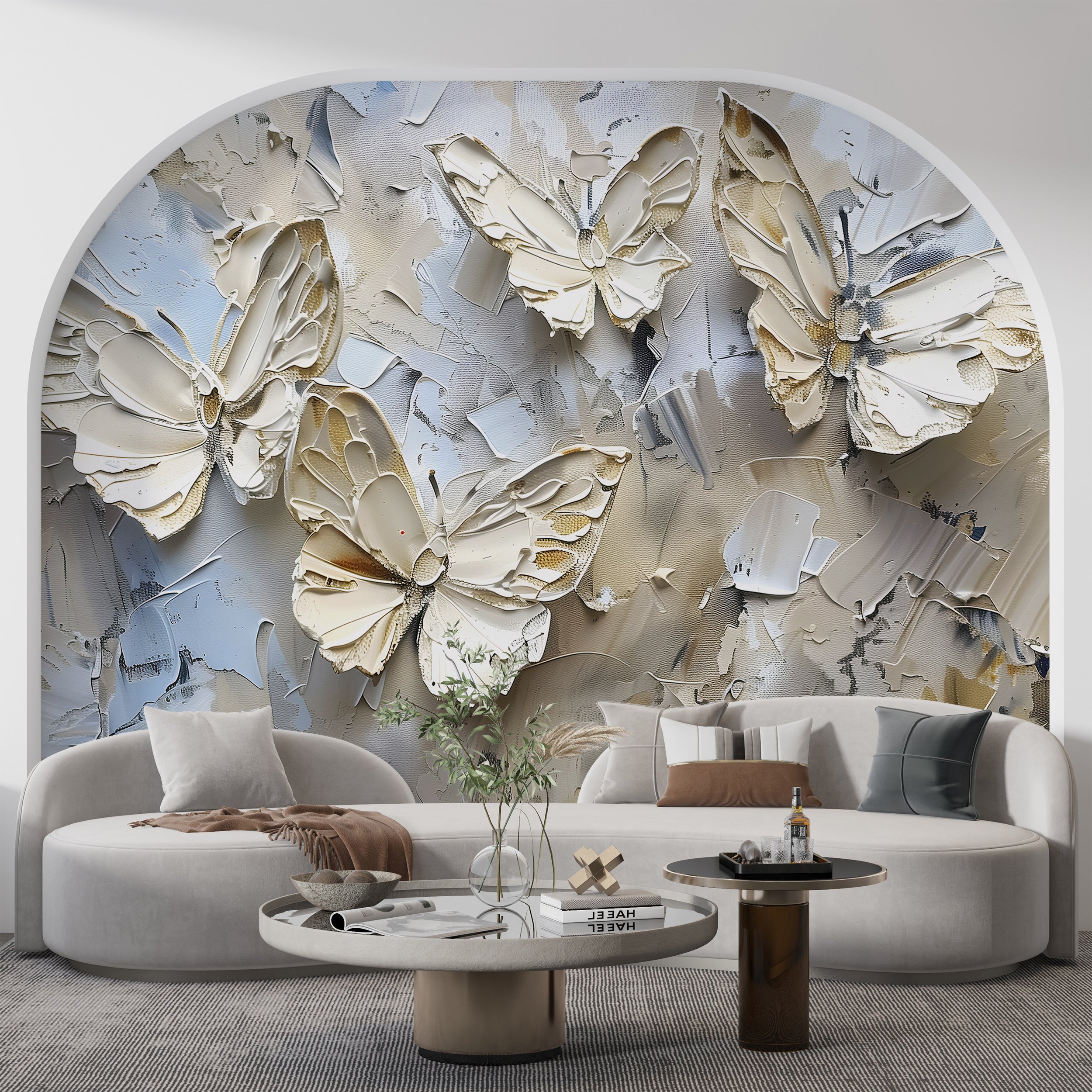 Abstract Butterflies Wall Mural, Peel and Stick Butterflies Palette Knife Oil Painting Wall Art, Removable Beige 3D Nature Wallpaper
